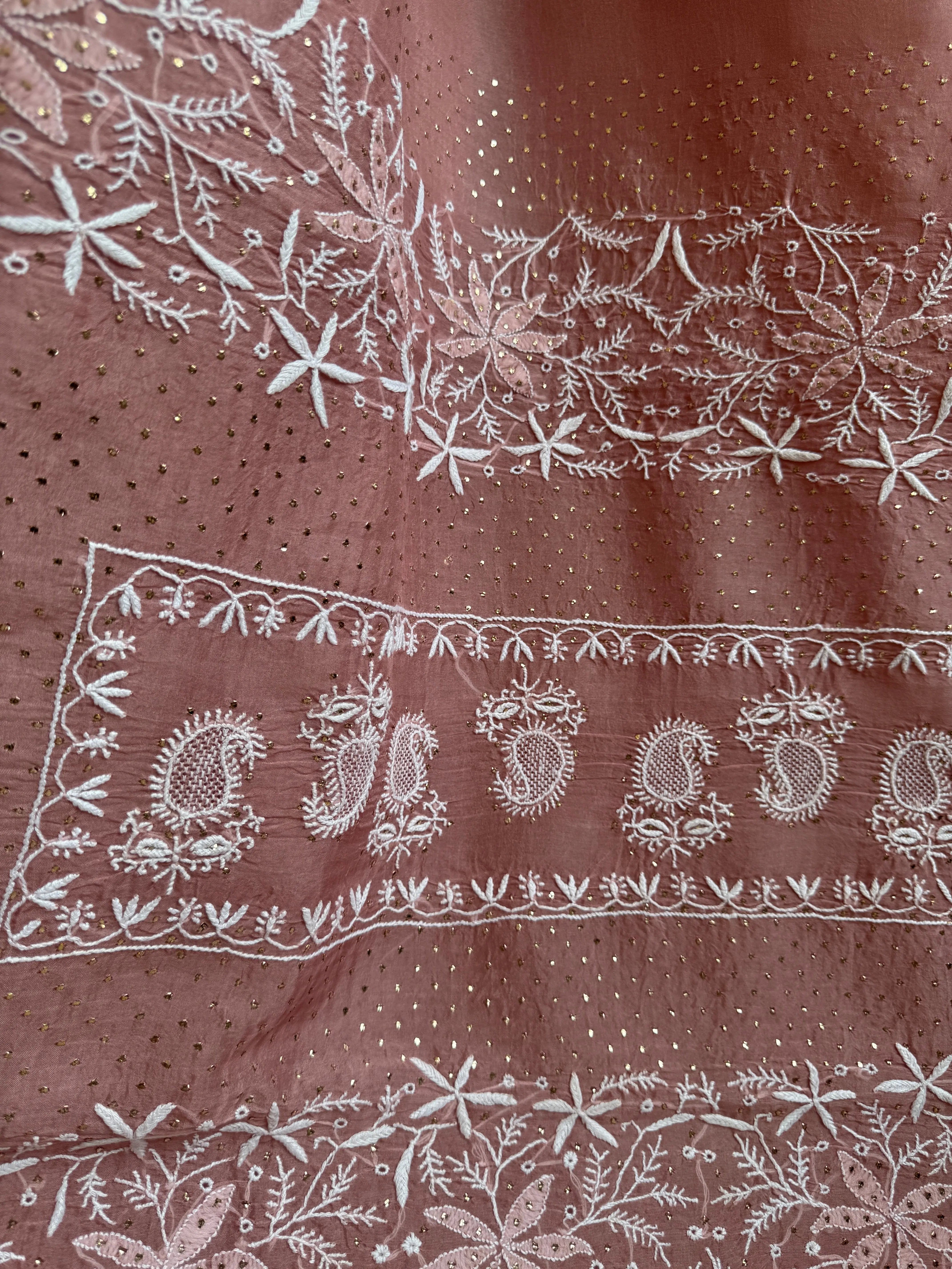 Pure organza Chikankari saree in Rosewood with Mukaish work ARIAA CHIKANKARI