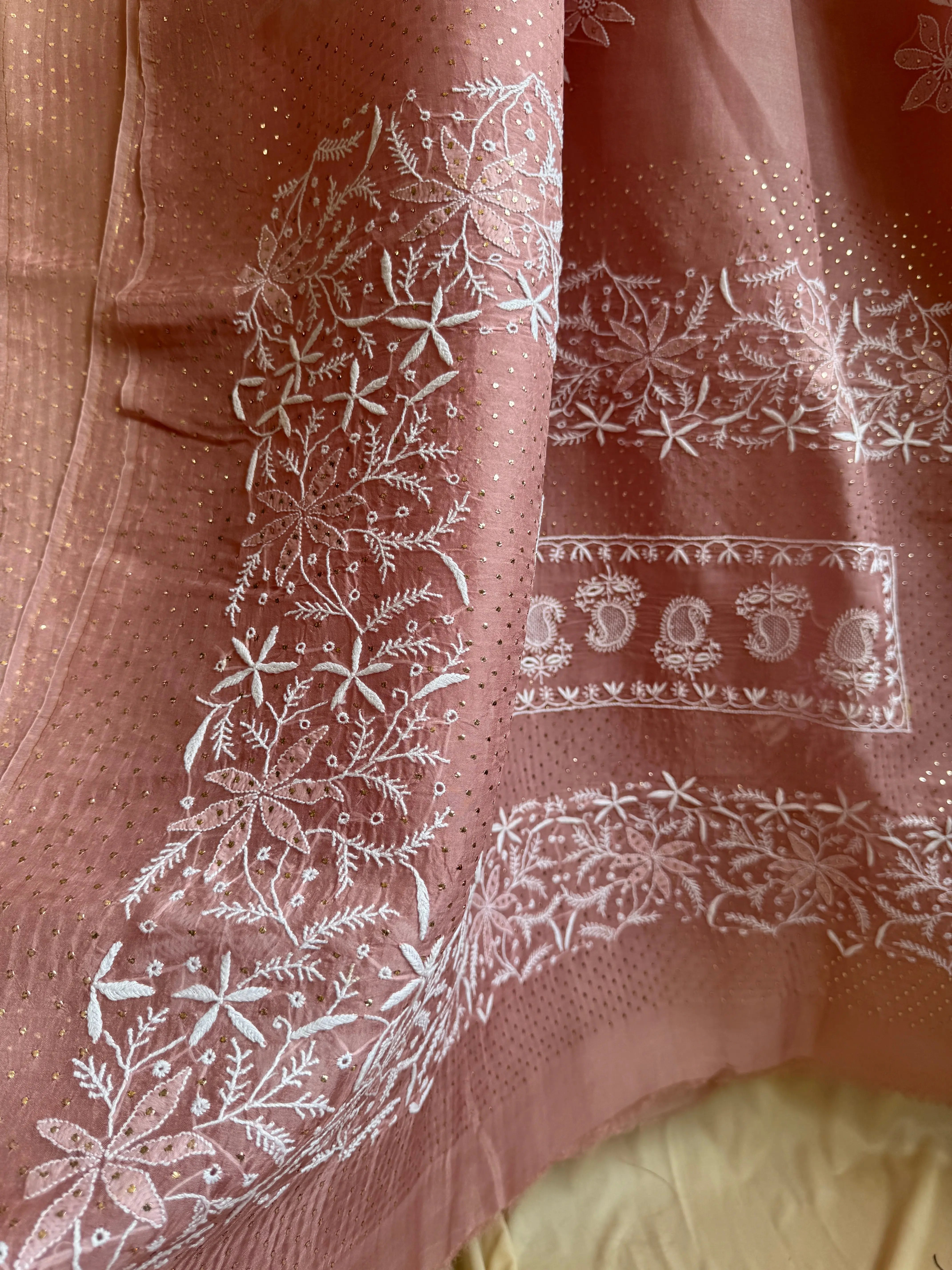 Pure organza Chikankari saree in Rosewood with Mukaish work ARIAA CHIKANKARI