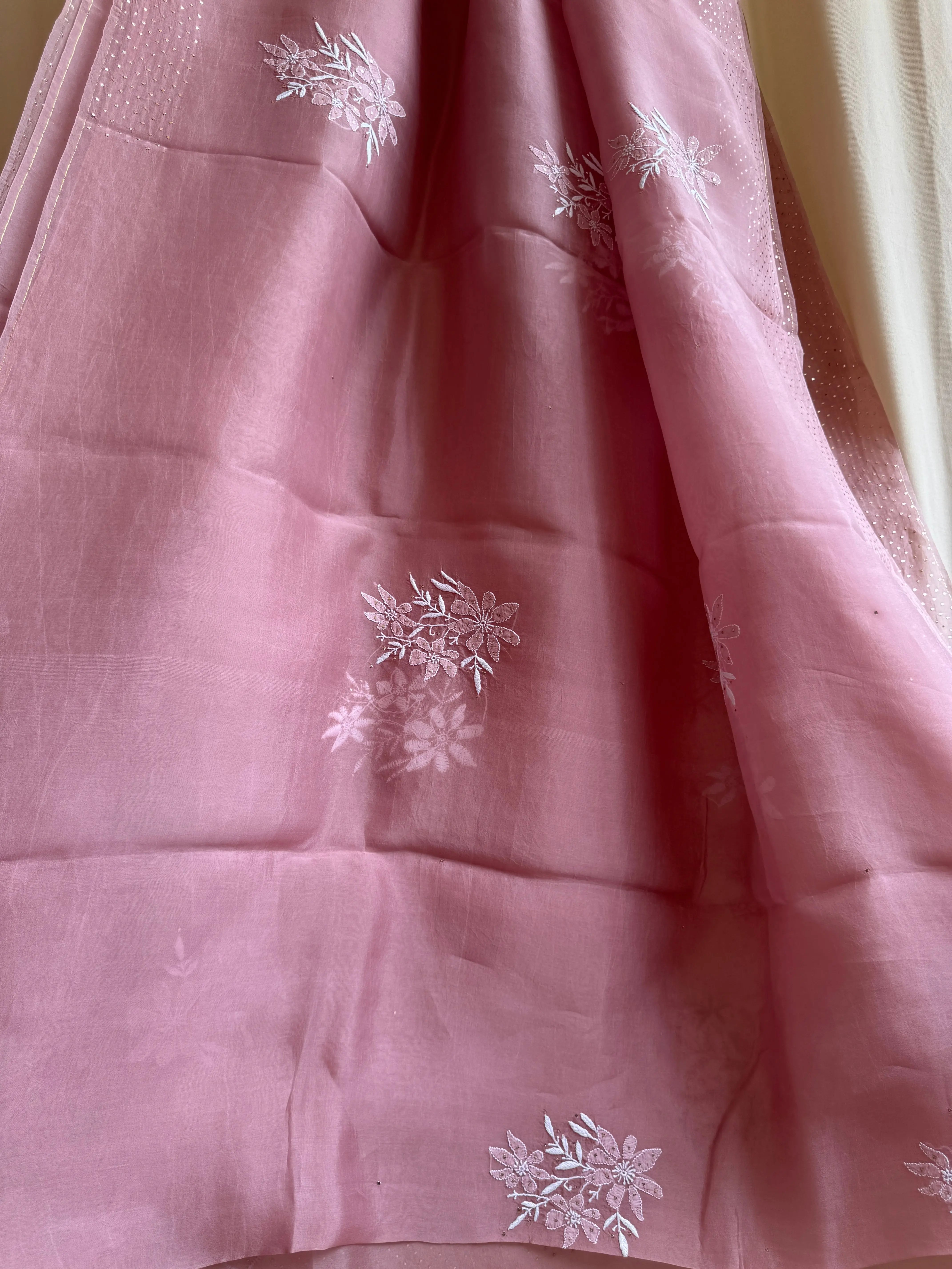 Pure organza Chikankari saree in Rosewood with Mukaish work ARIAA CHIKANKARI