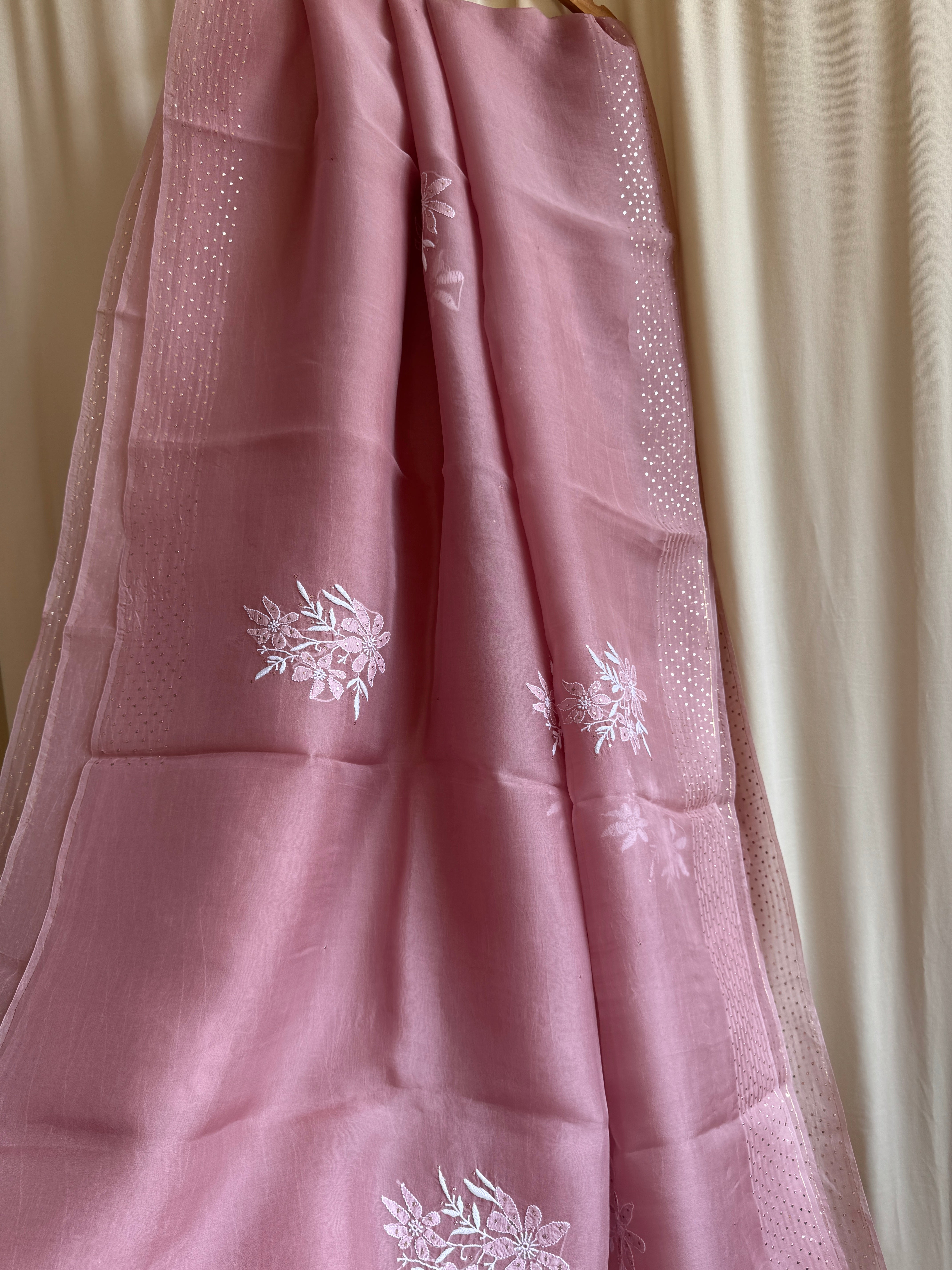 Pure organza Chikankari saree in Rosewood with Mukaish work