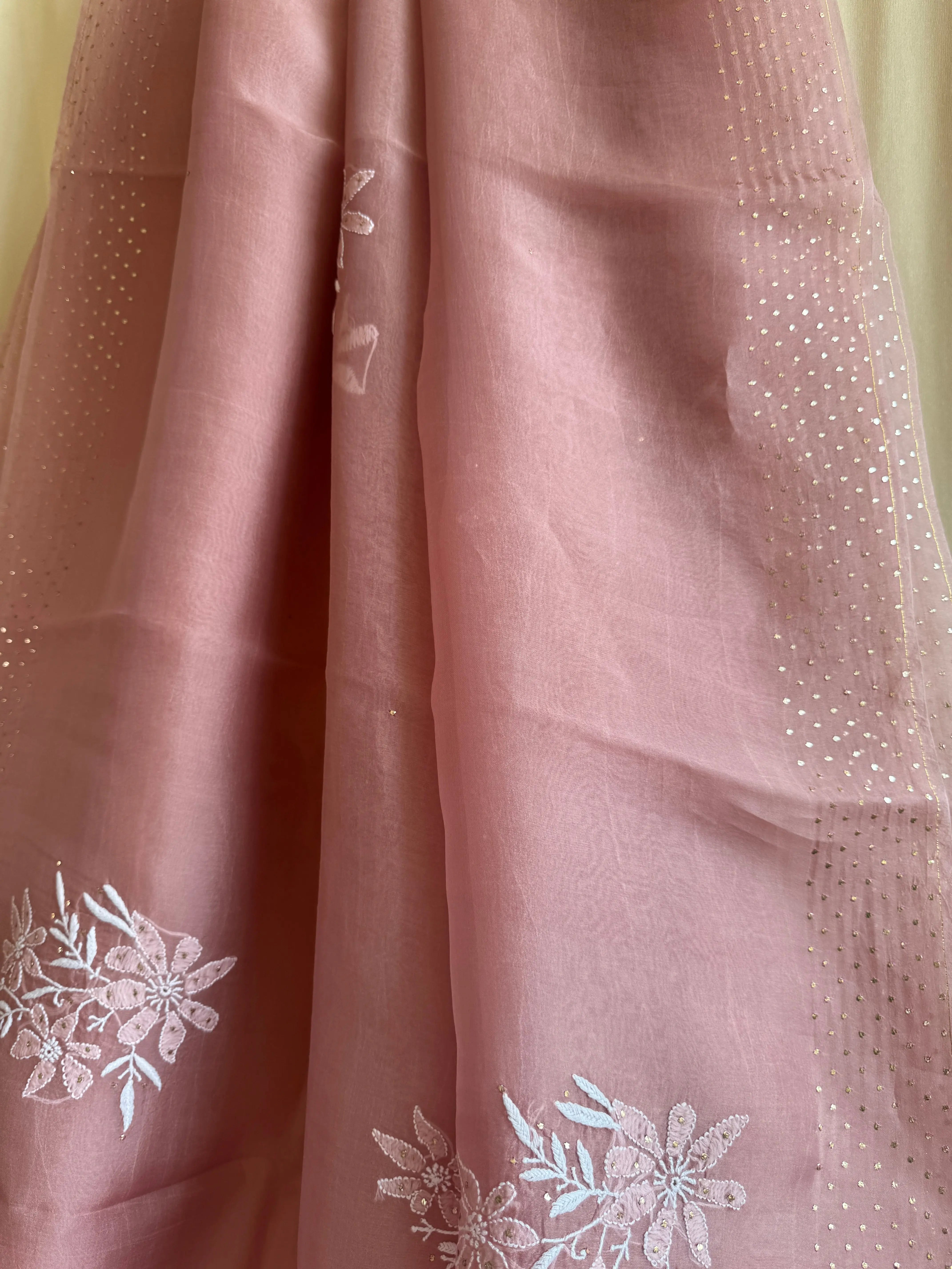 Pure organza Chikankari saree in Rosewood with Mukaish work ARIAA CHIKANKARI