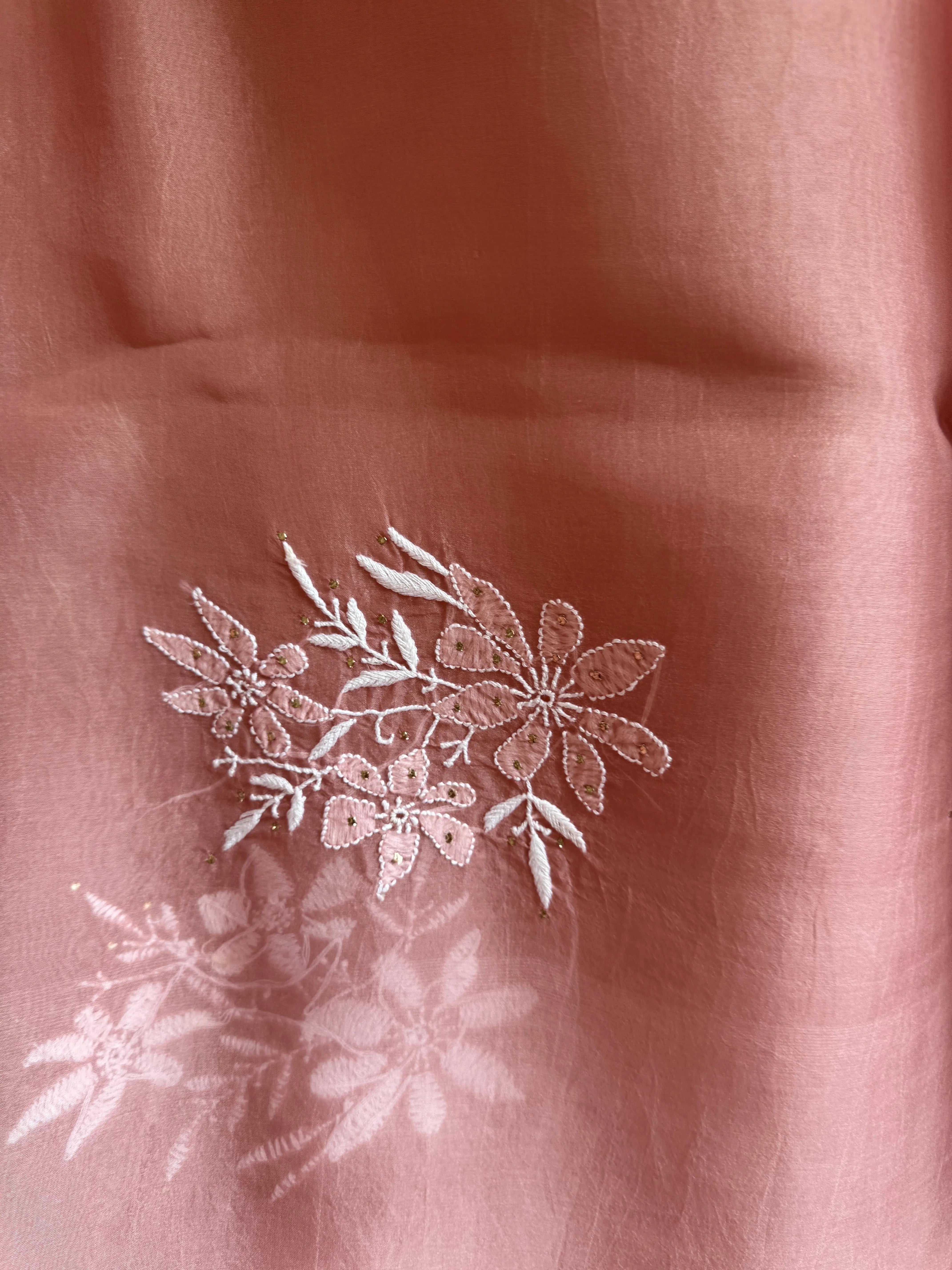 Pure organza Chikankari saree in Rosewood with Mukaish work ARIAA CHIKANKARI