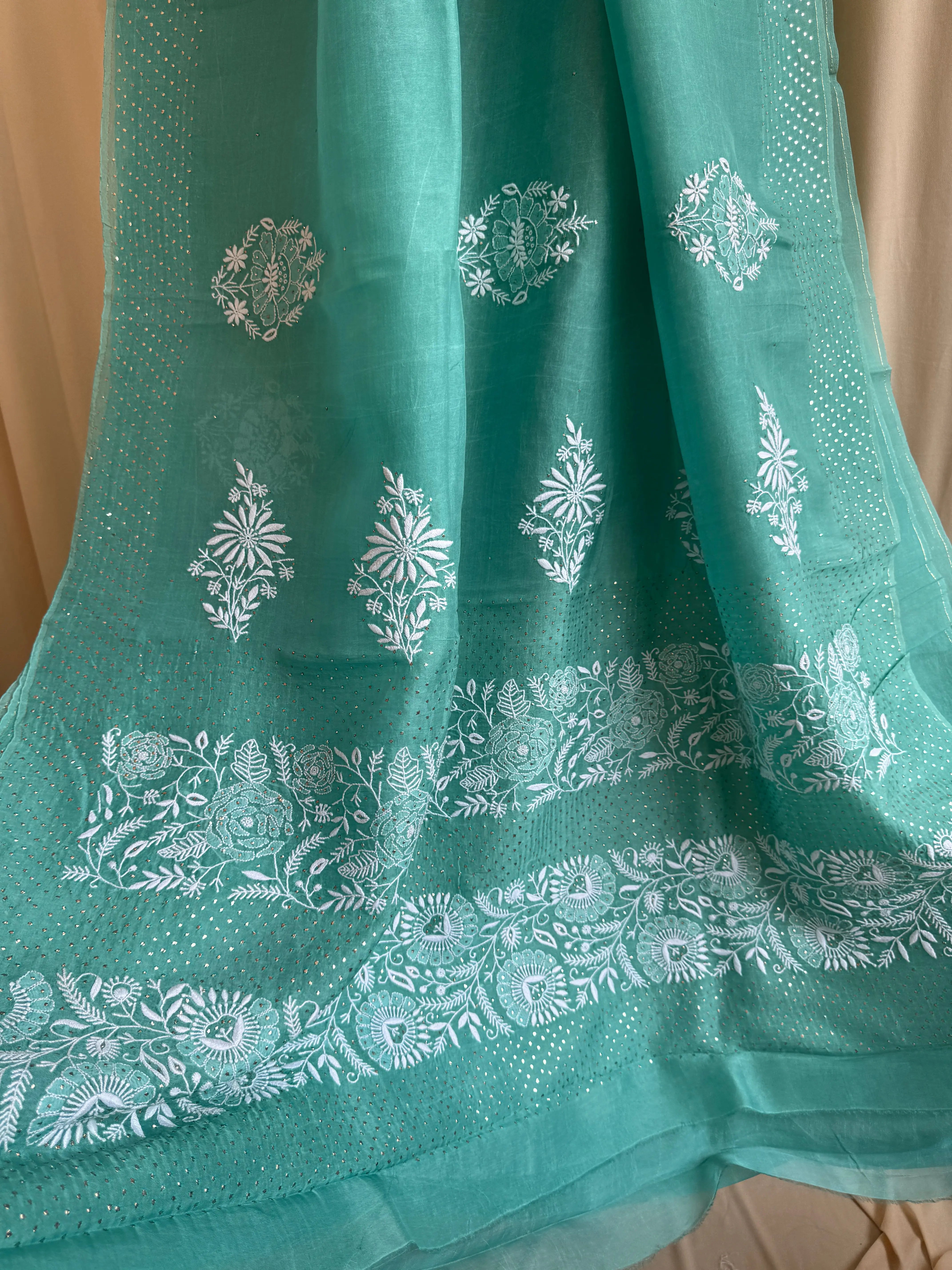 Pure organza Chikankari saree in Green with Mukaish work ARIAA CHIKANKARI