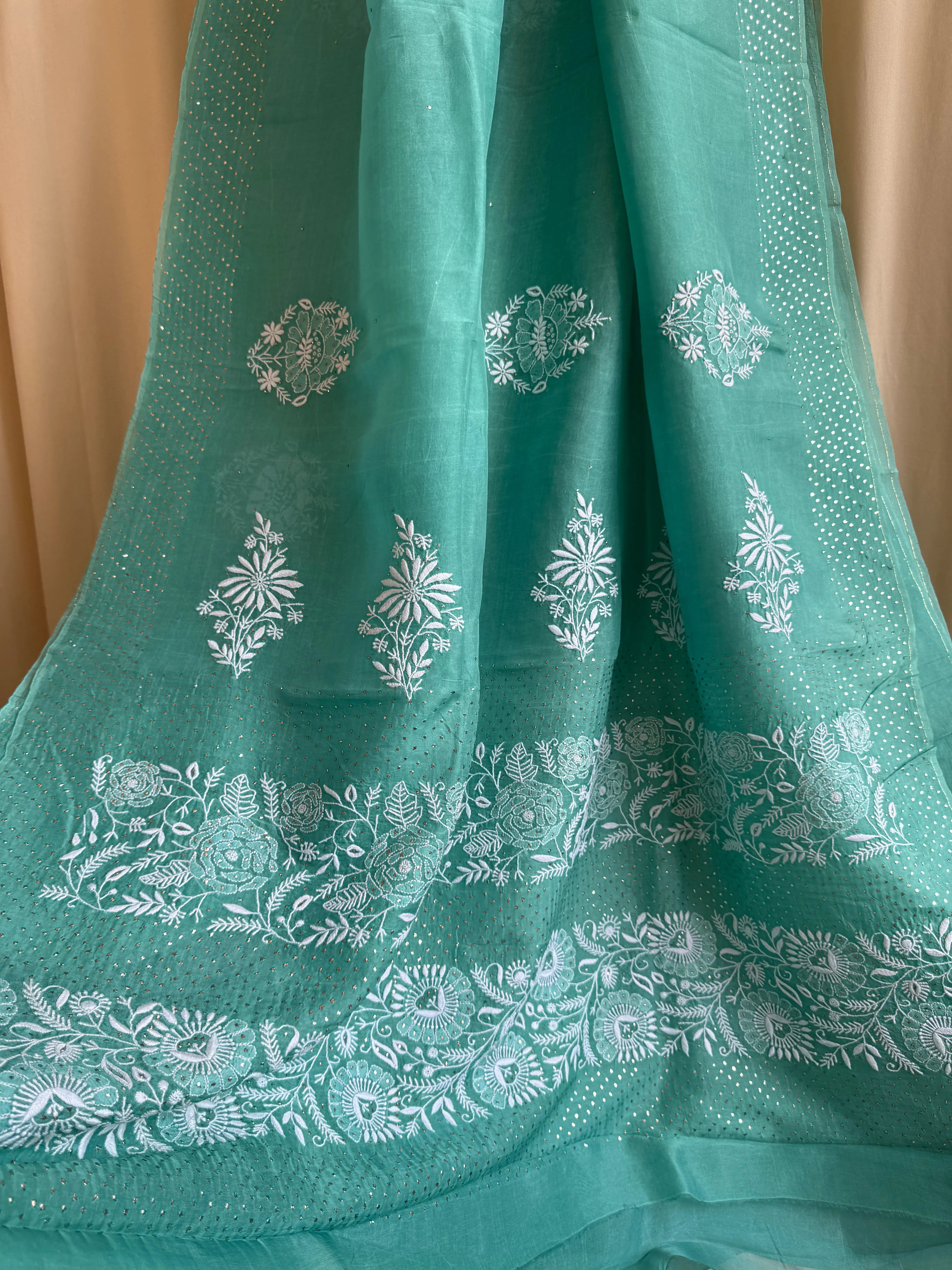 Pure organza Chikankari saree in Green with Mukaish work ARIAA CHIKANKARI