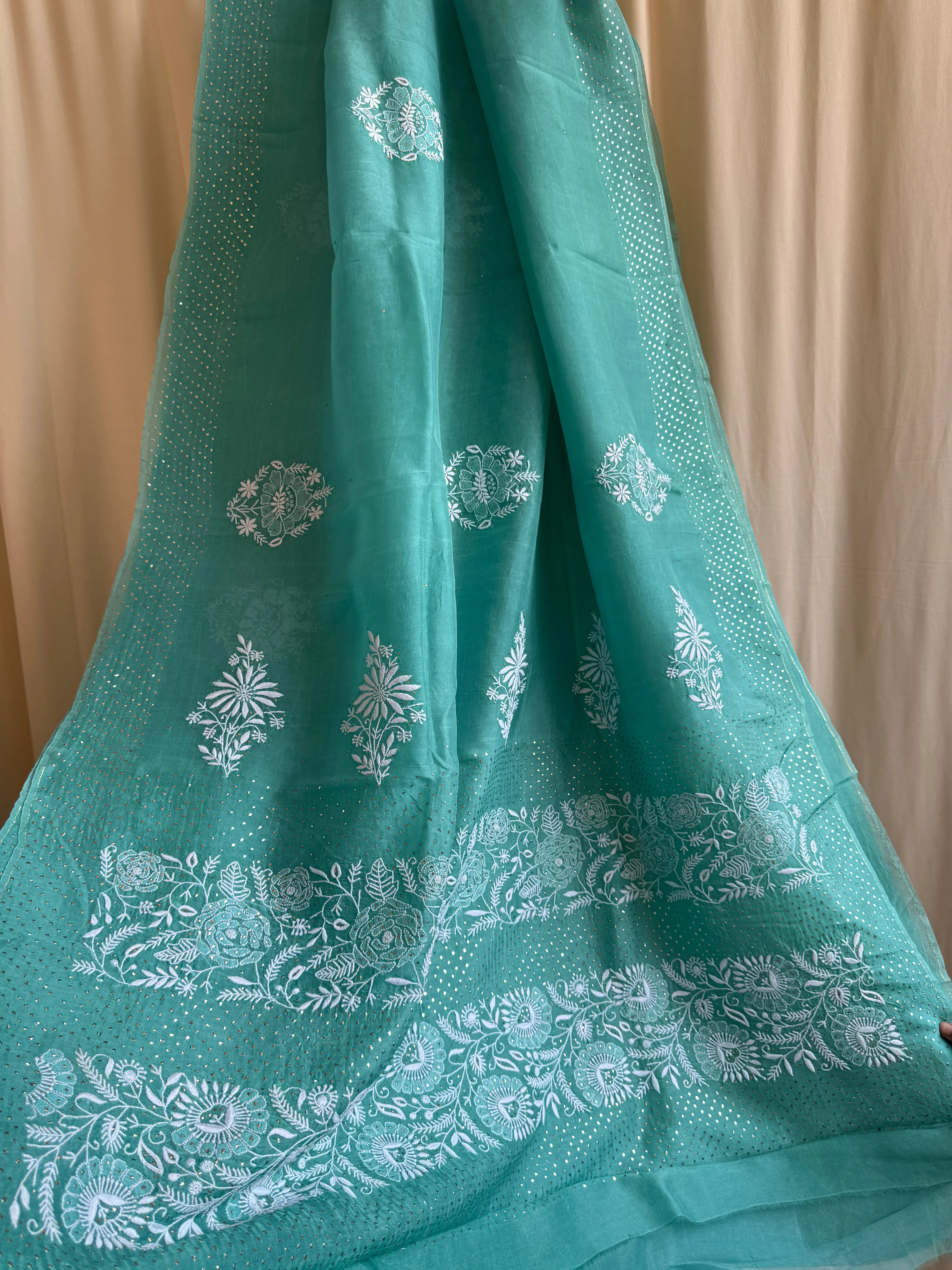 Pure organza Chikankari saree in Green with Mukaish work ARIAA CHIKANKARI