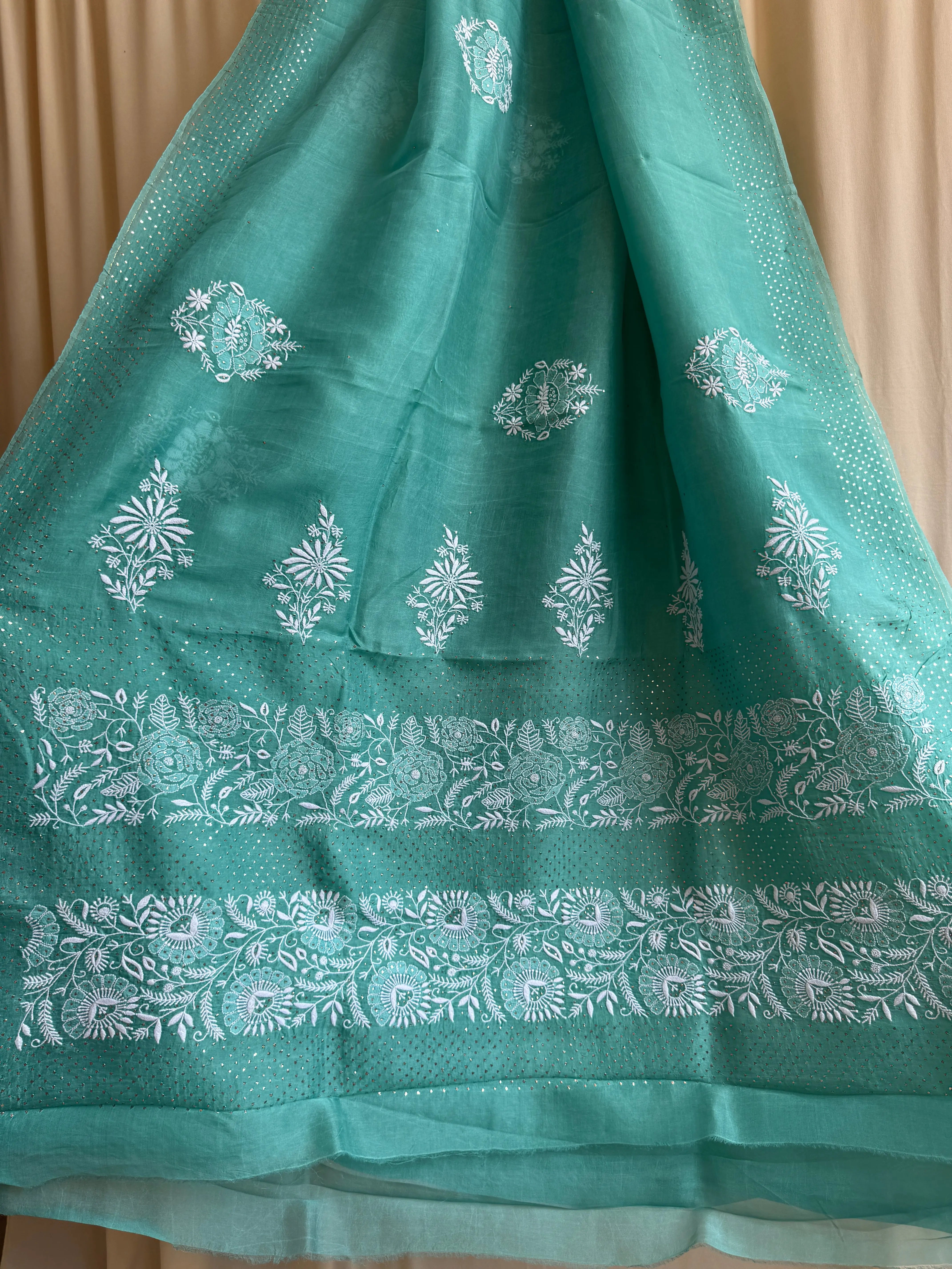 Pure organza Chikankari saree in Green with Mukaish work ARIAA CHIKANKARI