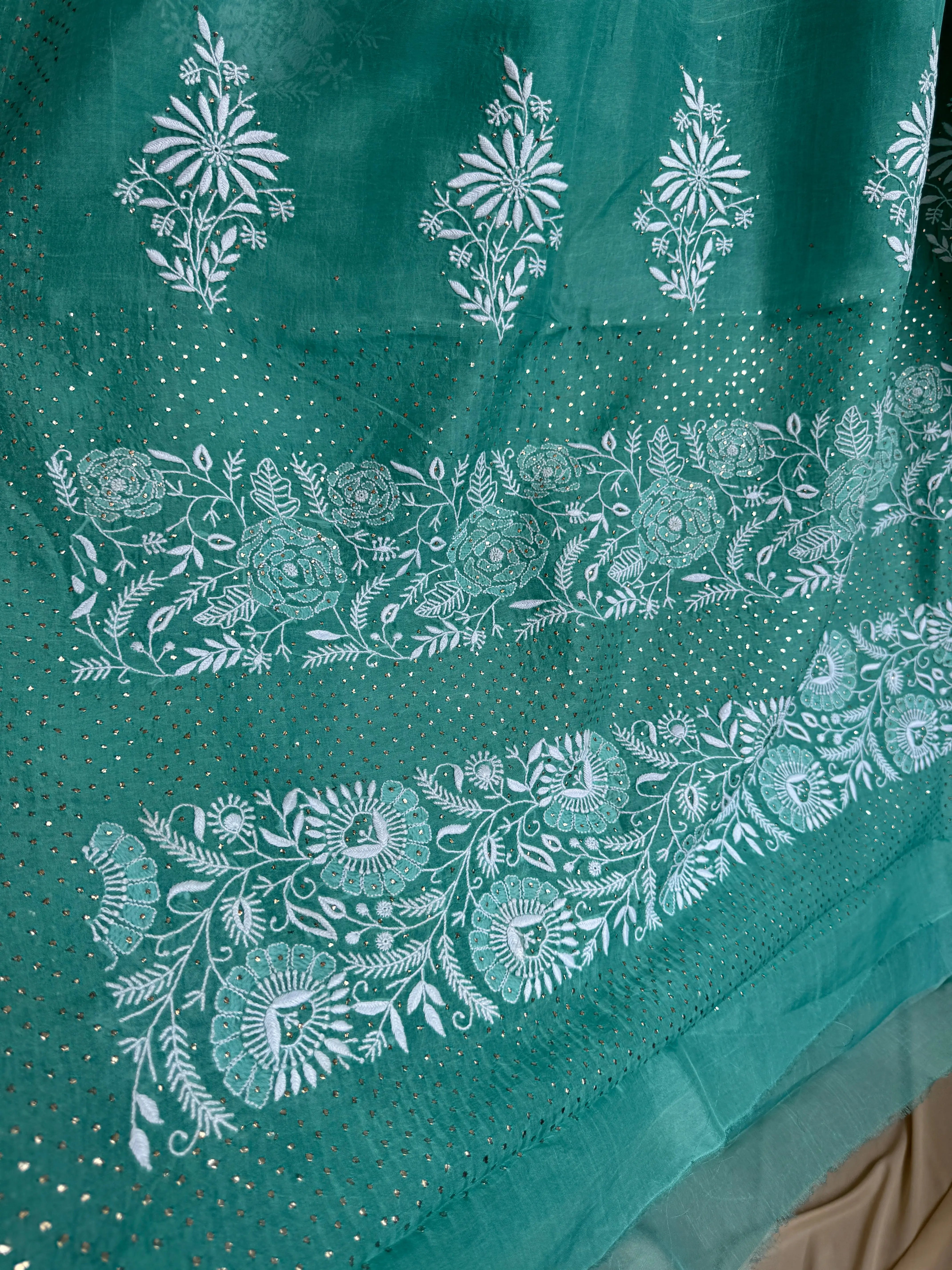 Pure organza Chikankari saree in Green with Mukaish work ARIAA CHIKANKARI