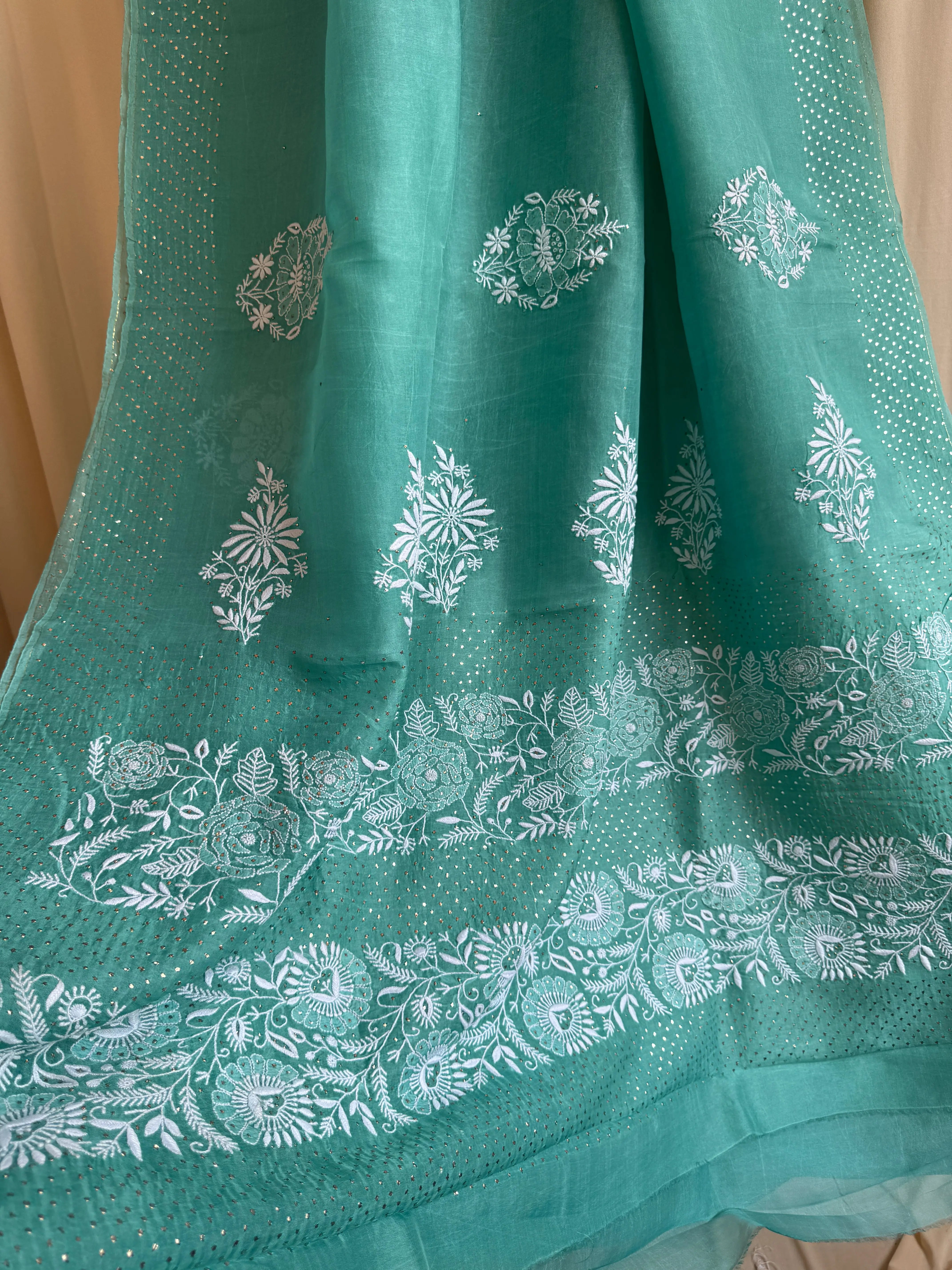 Pure organza Chikankari saree in Green with Mukaish work ARIAA CHIKANKARI