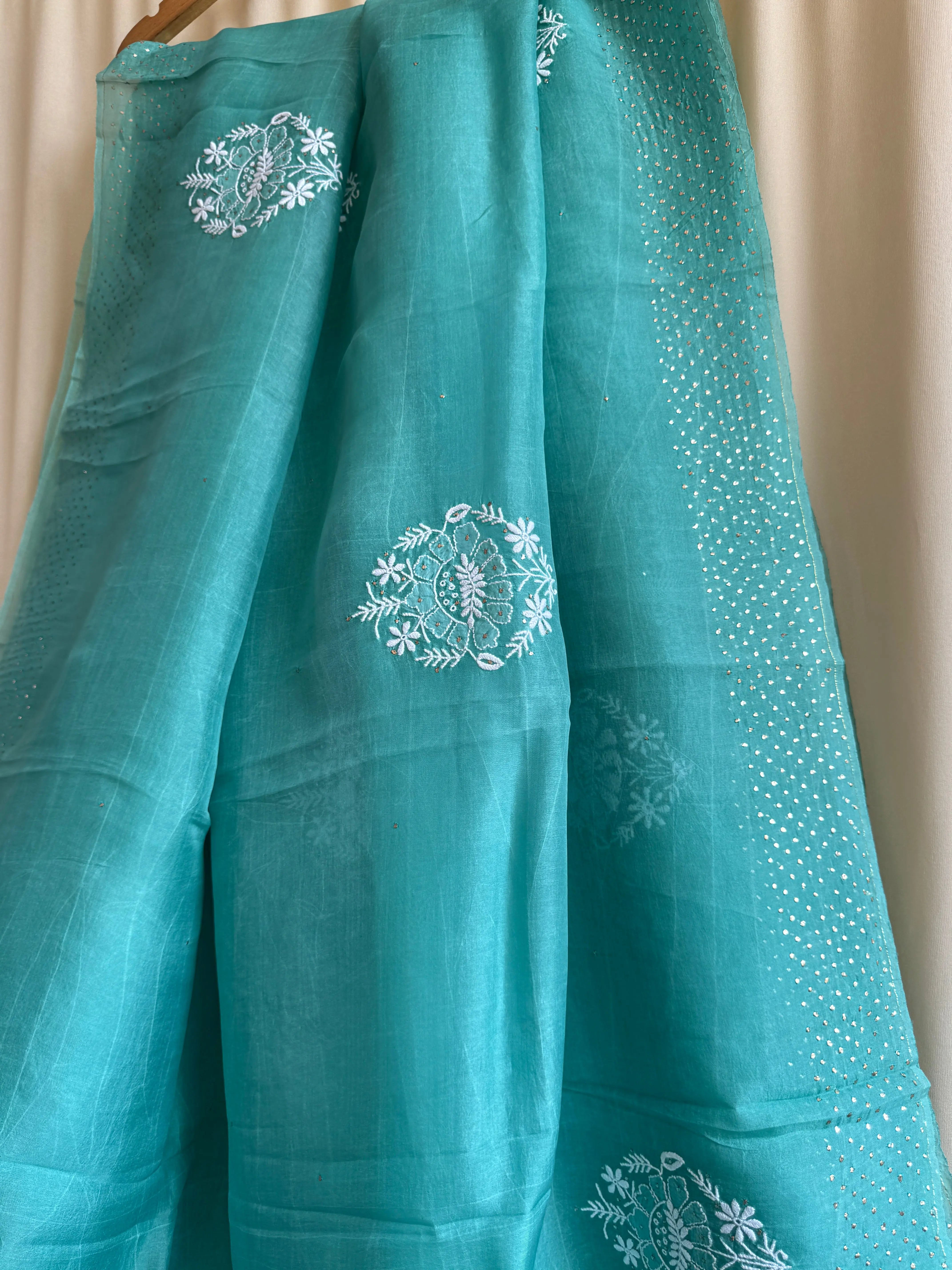 Pure organza Chikankari saree in Green with Mukaish work ARIAA CHIKANKARI