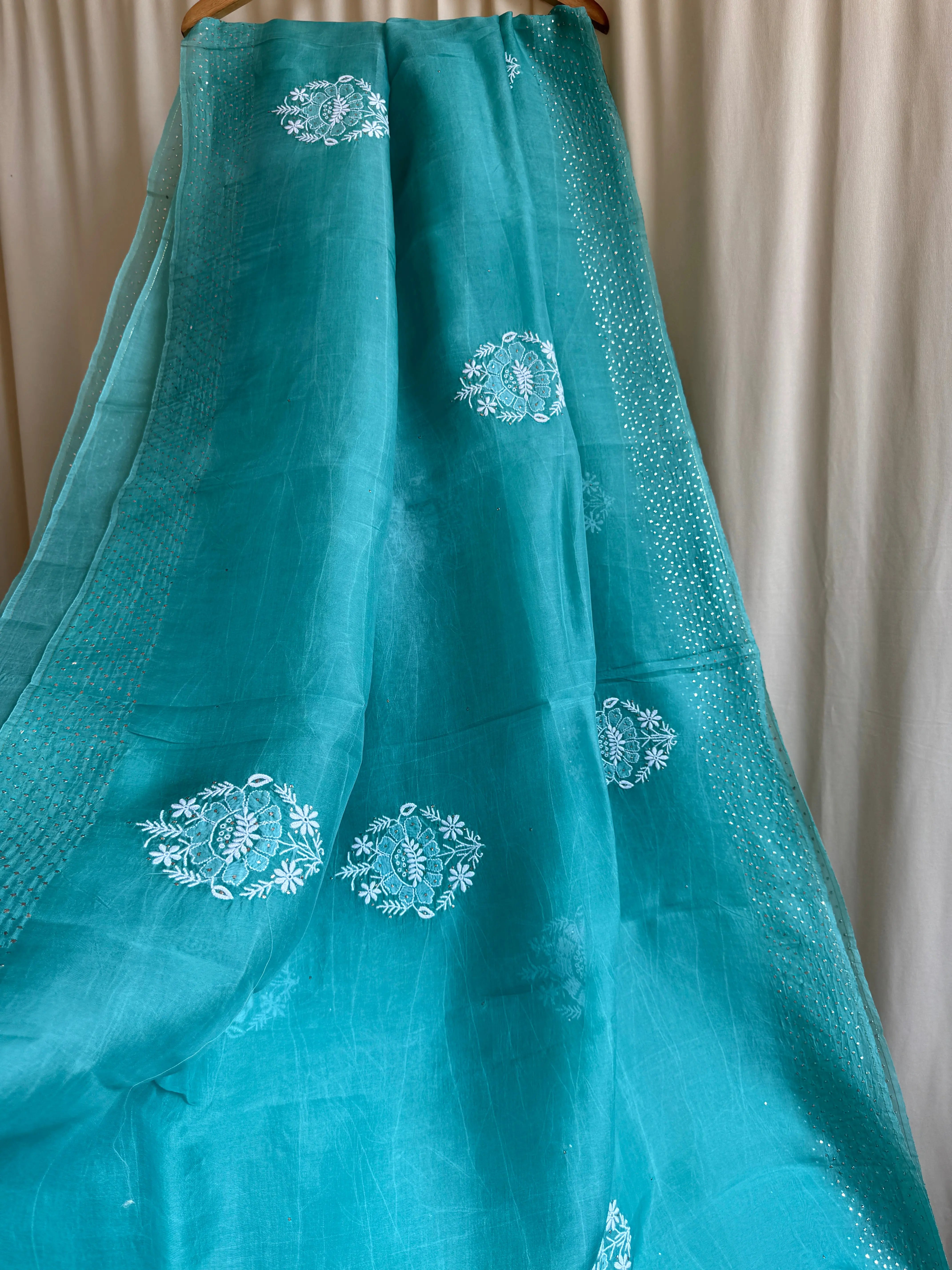 Pure organza Chikankari saree in Green with Mukaish work ARIAA CHIKANKARI