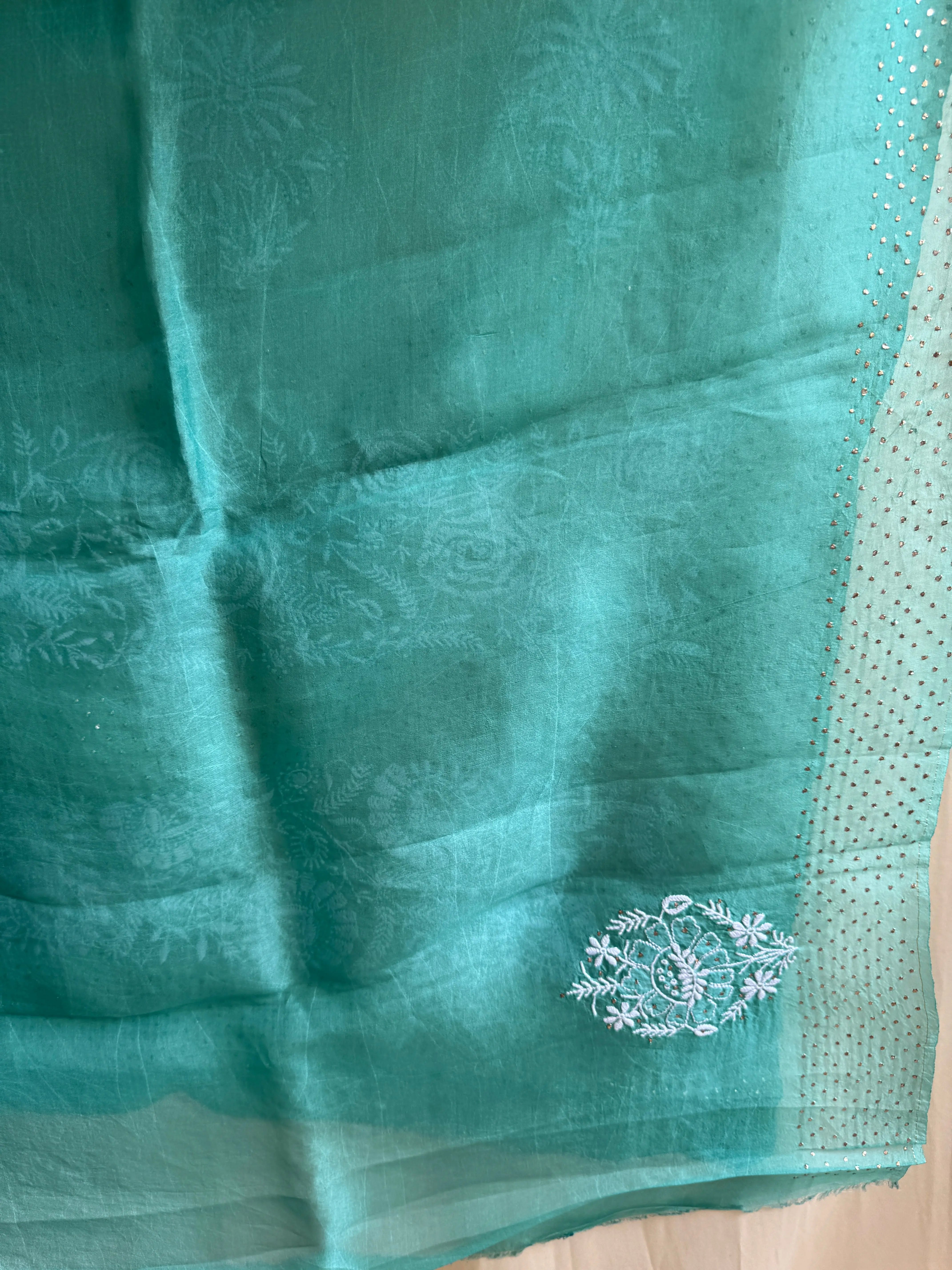 Pure organza Chikankari saree in Green with Mukaish work ARIAA CHIKANKARI