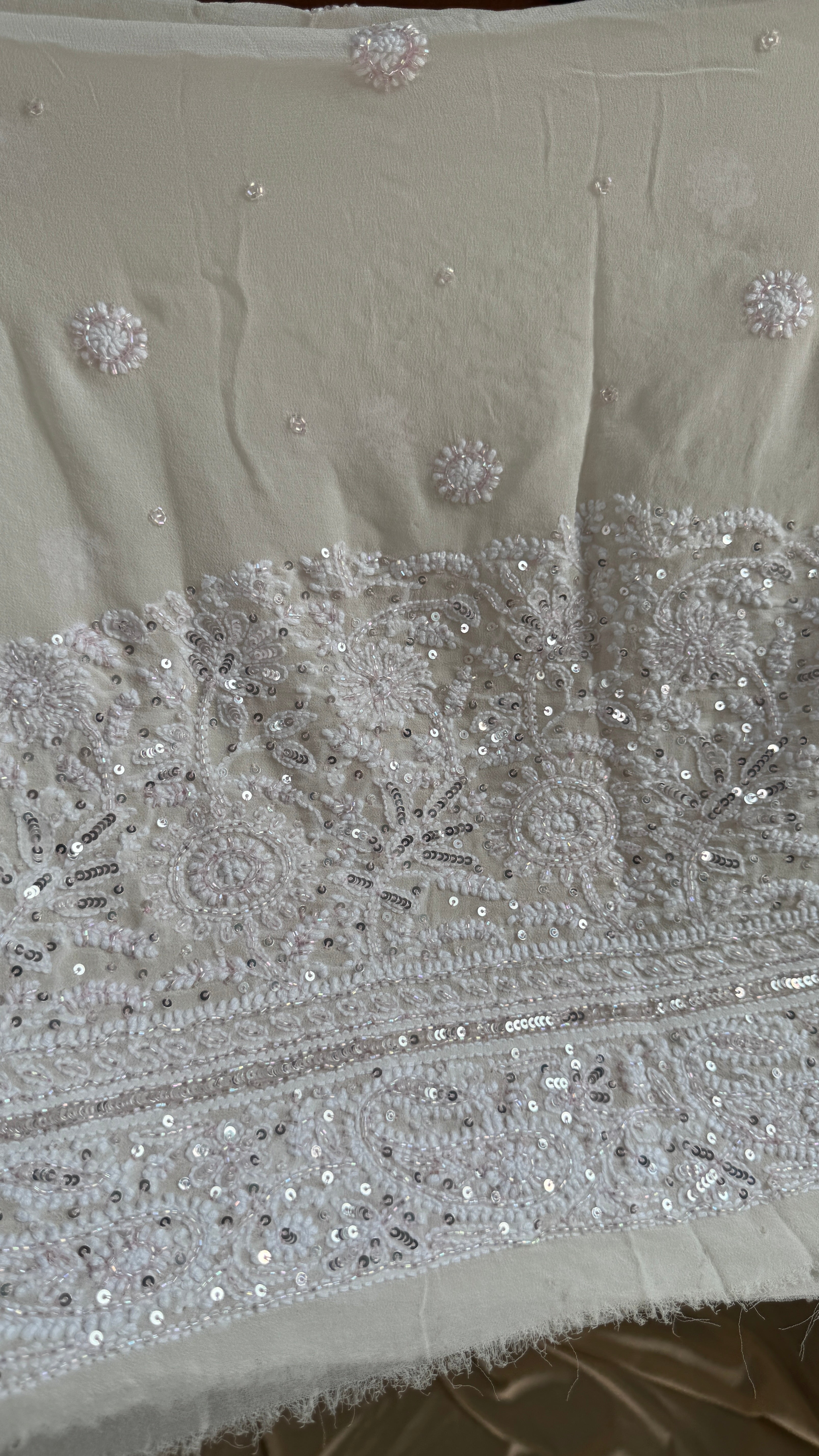 Pure Georgette Lucknow Chikankari Saree - white with pink detailing - Rooh Collection