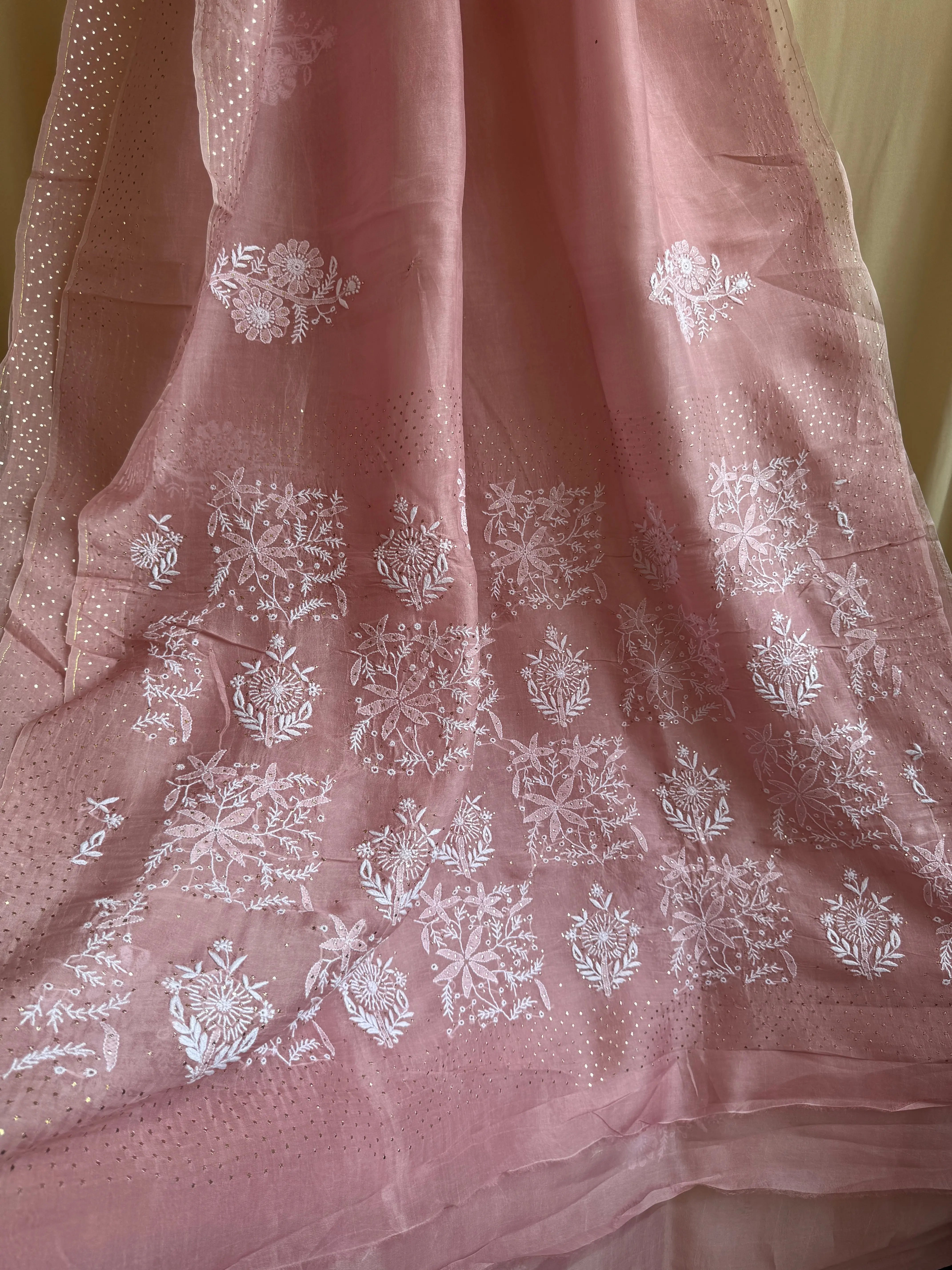 Pure organza Chikankari saree in Rosewood with Mukaish work ARIAA CHIKANKARI