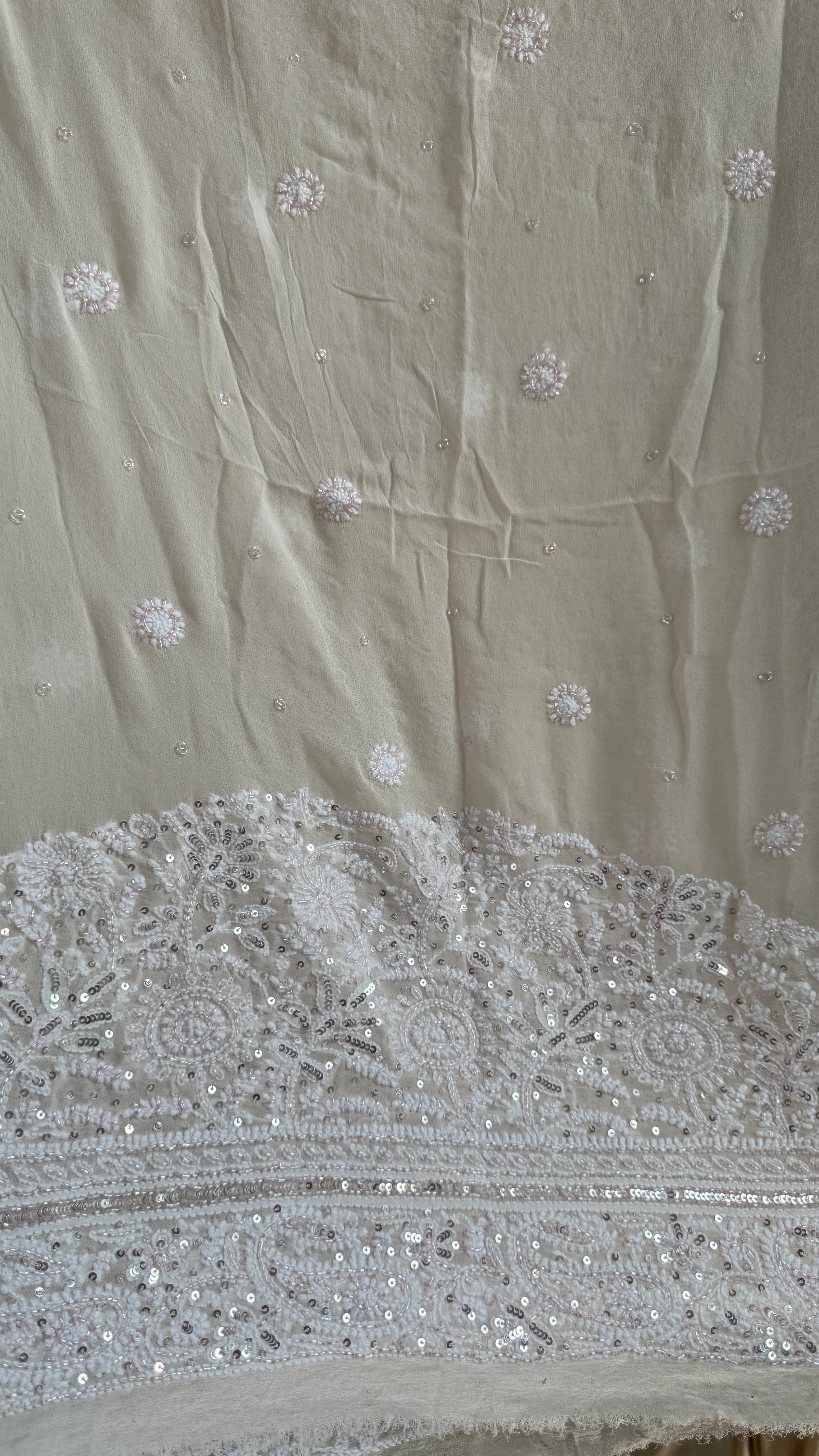 Pure Georgette Lucknow Chikankari Saree - white with pink detailing - Rooh Collection