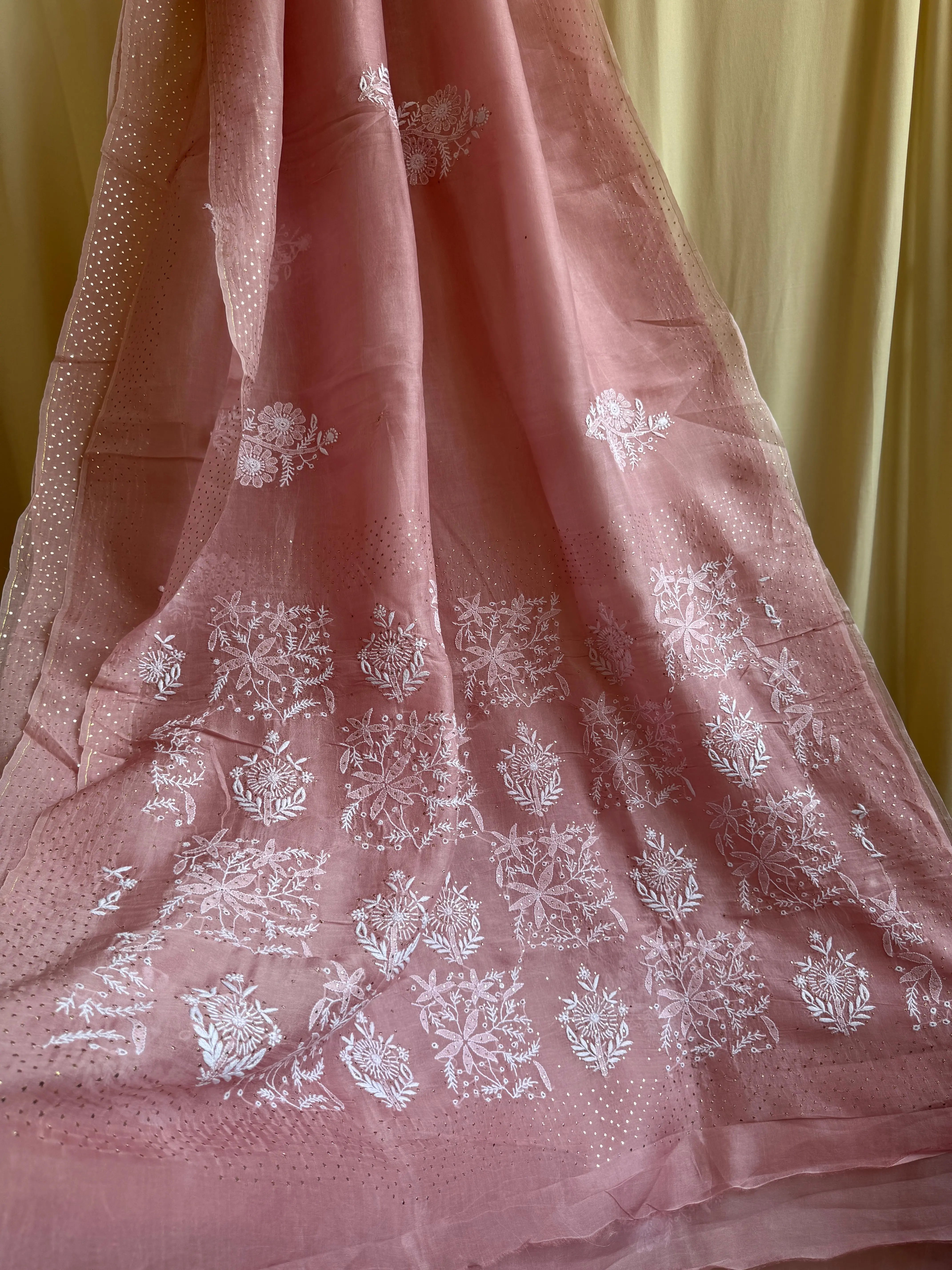 Pure organza Chikankari saree in Rosewood with Mukaish work ARIAA CHIKANKARI