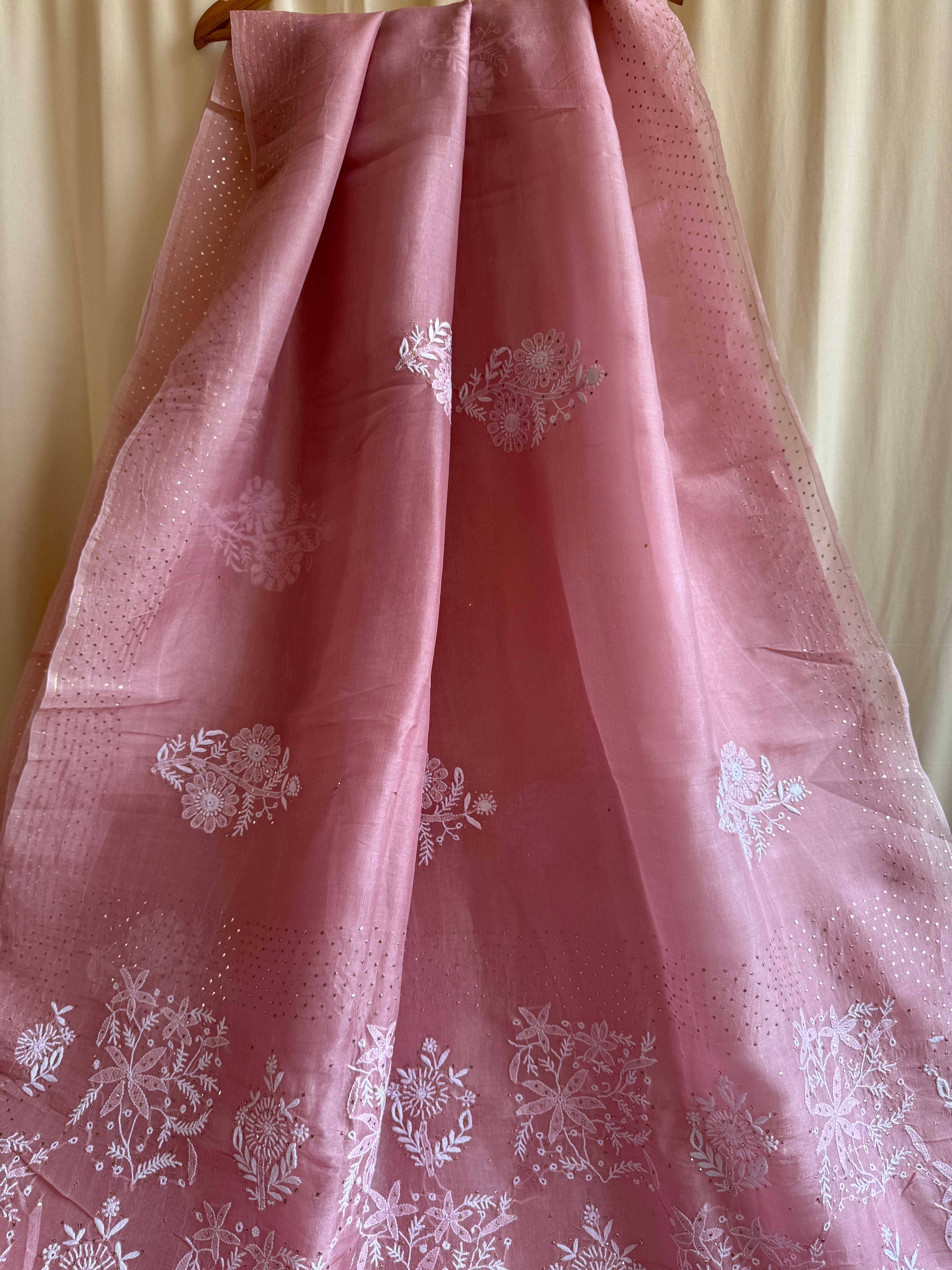 Pure organza Chikankari saree in Rosewood with Mukaish work