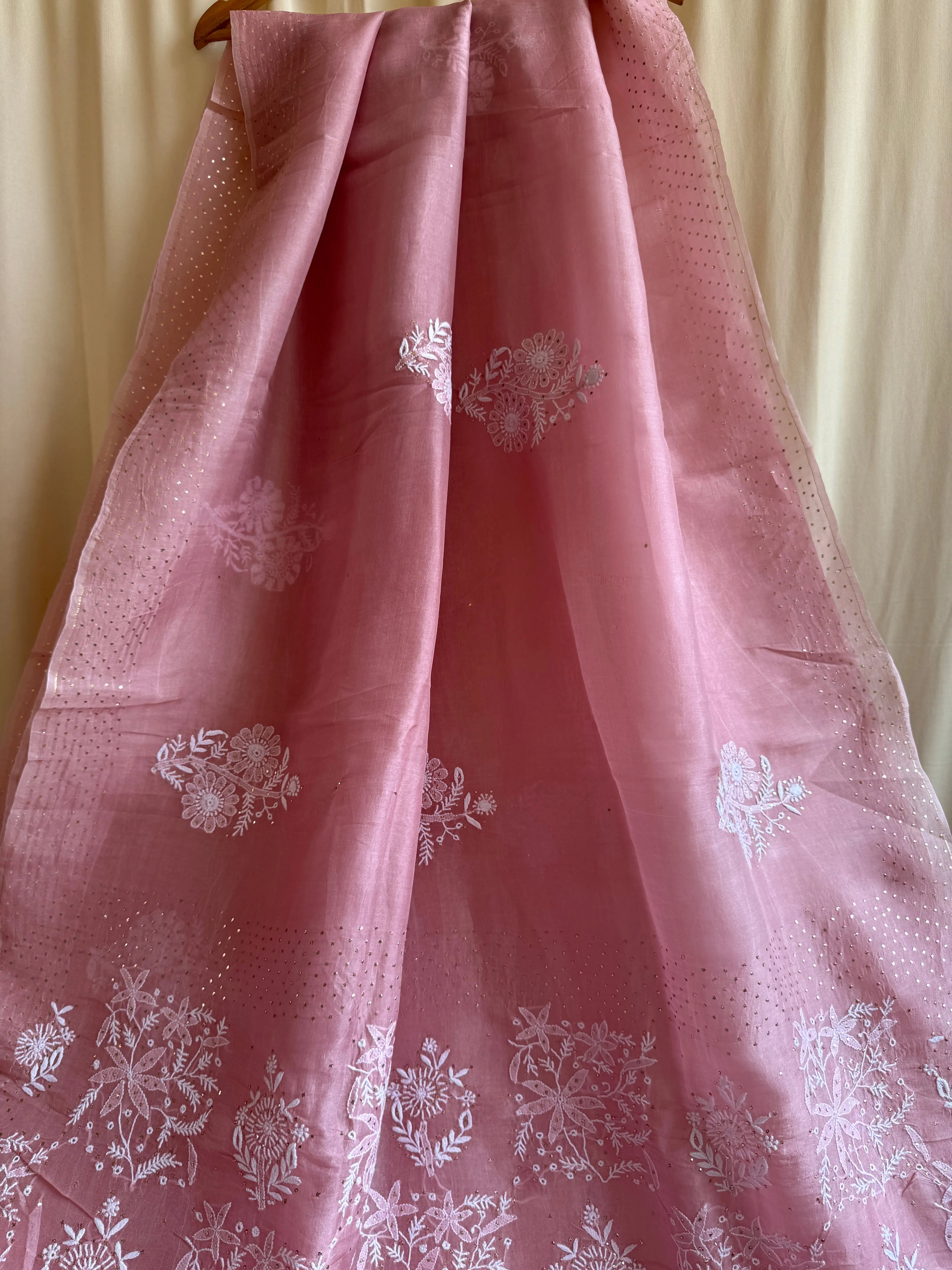 Pure organza Chikankari saree in Rosewood with Mukaish work ARIAA CHIKANKARI