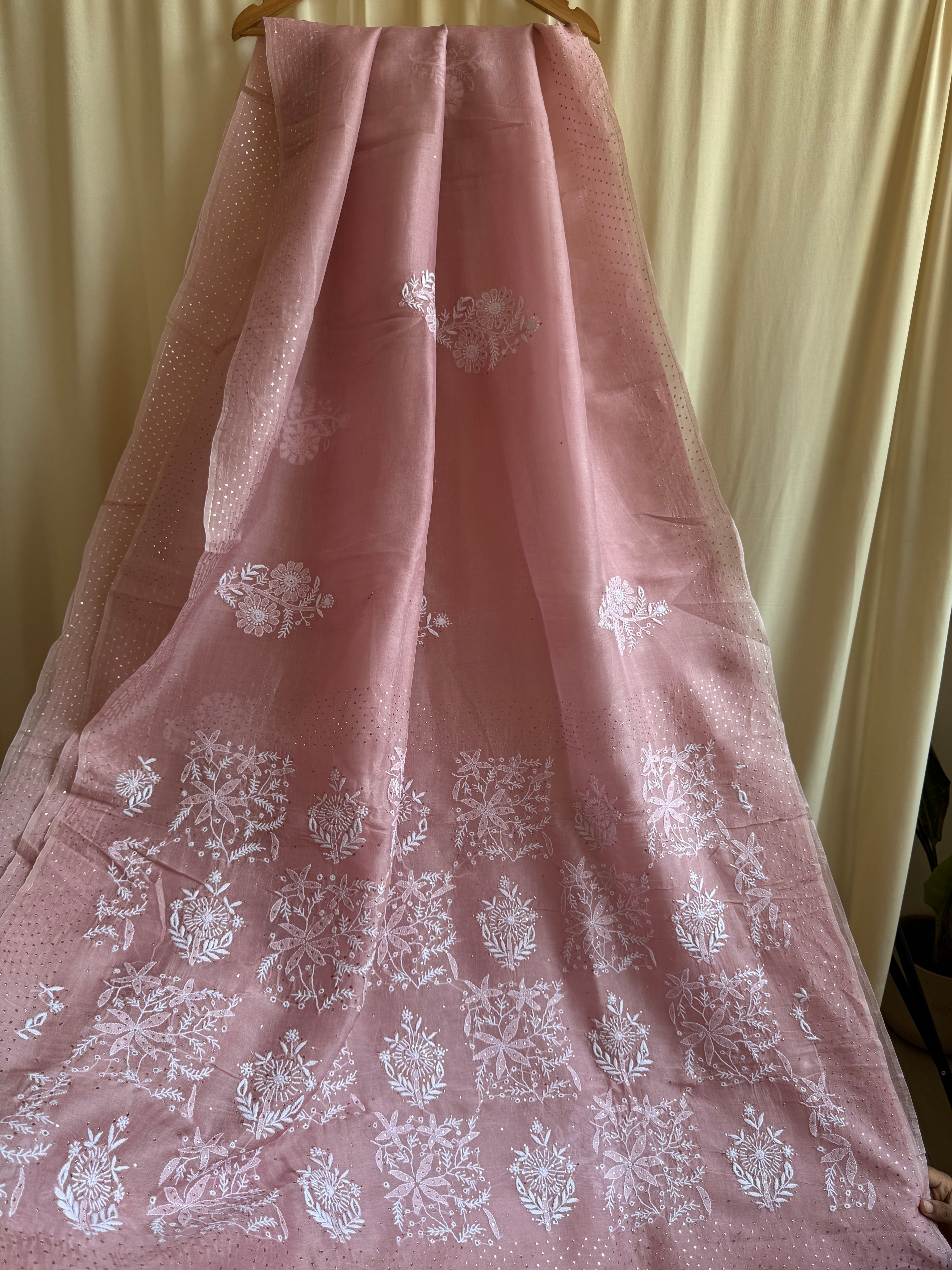 Pure organza Chikankari saree in Rosewood with Mukaish work