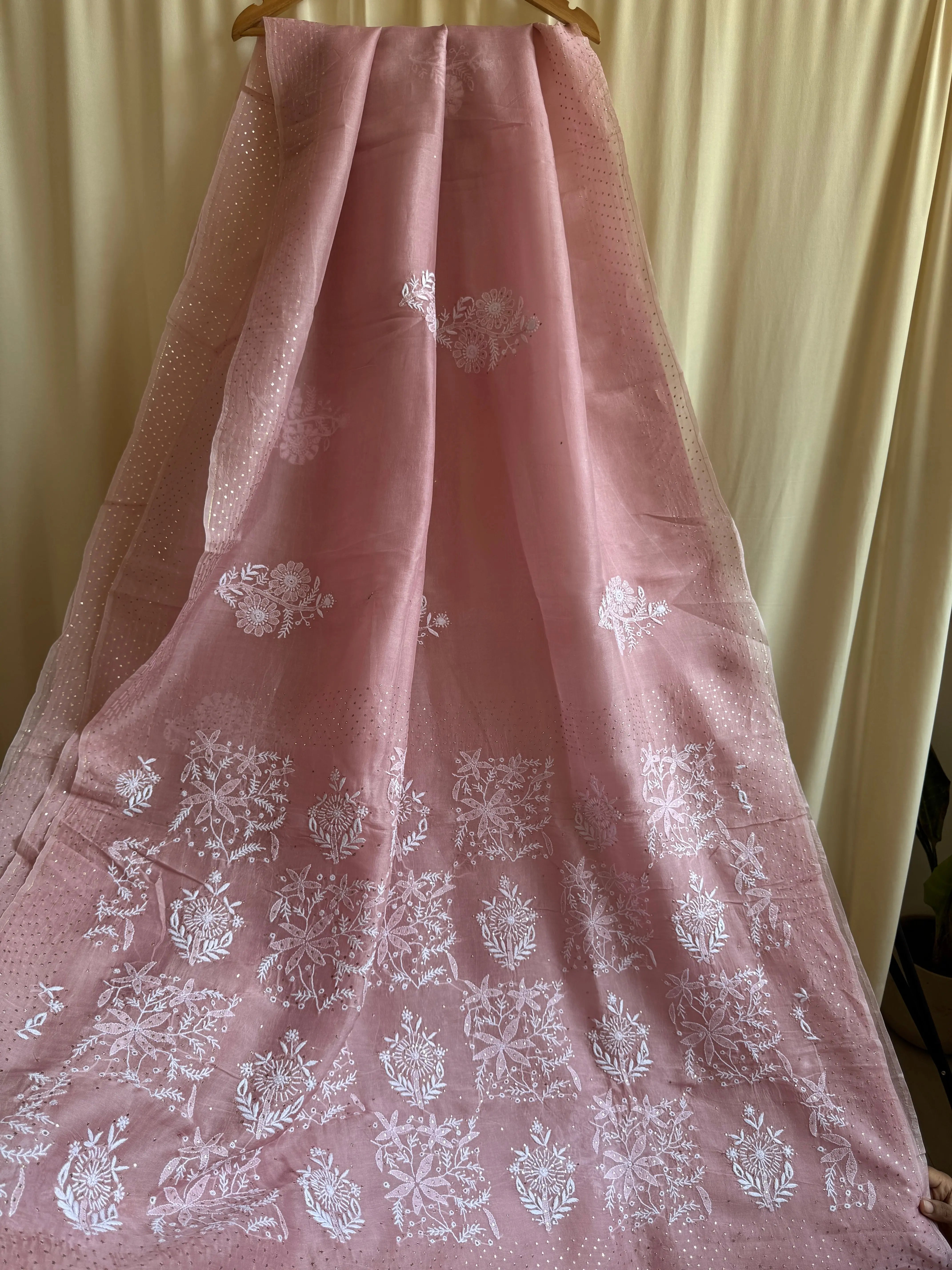 Pure organza Chikankari saree in Rosewood with Mukaish work ARIAA CHIKANKARI