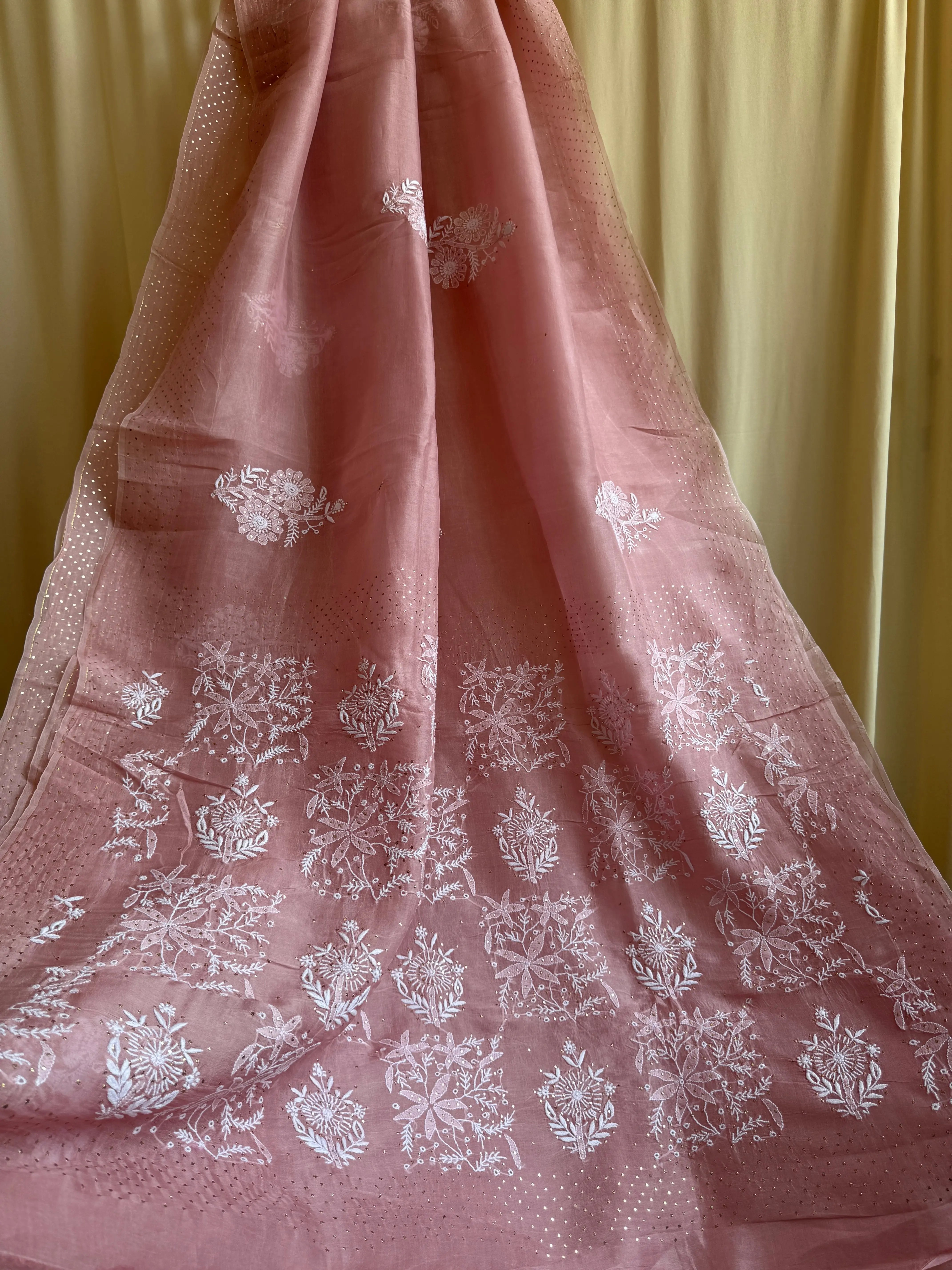 Pure organza Chikankari saree in Rosewood with Mukaish work ARIAA CHIKANKARI