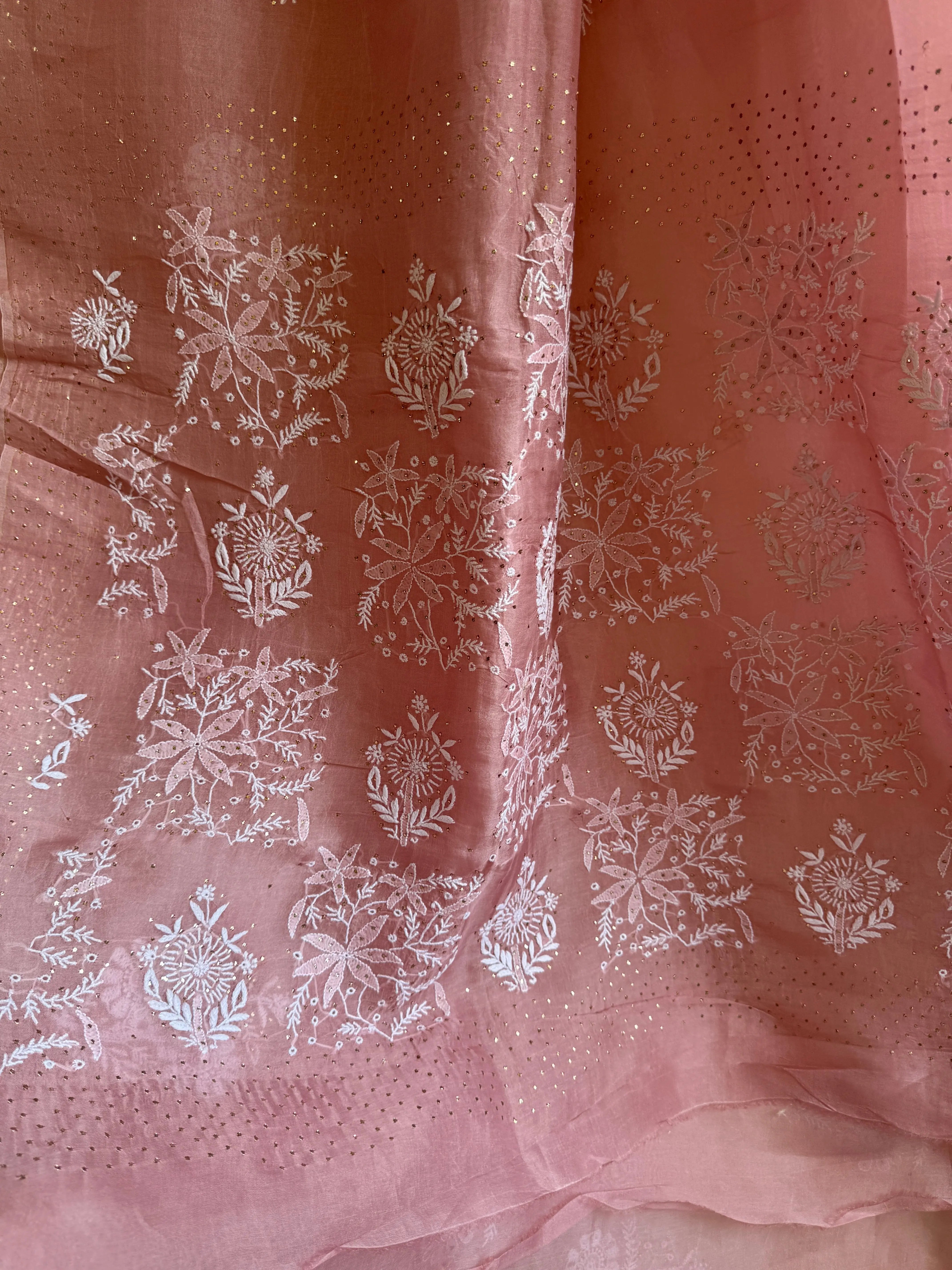 Pure organza Chikankari saree in Rosewood with Mukaish work ARIAA CHIKANKARI