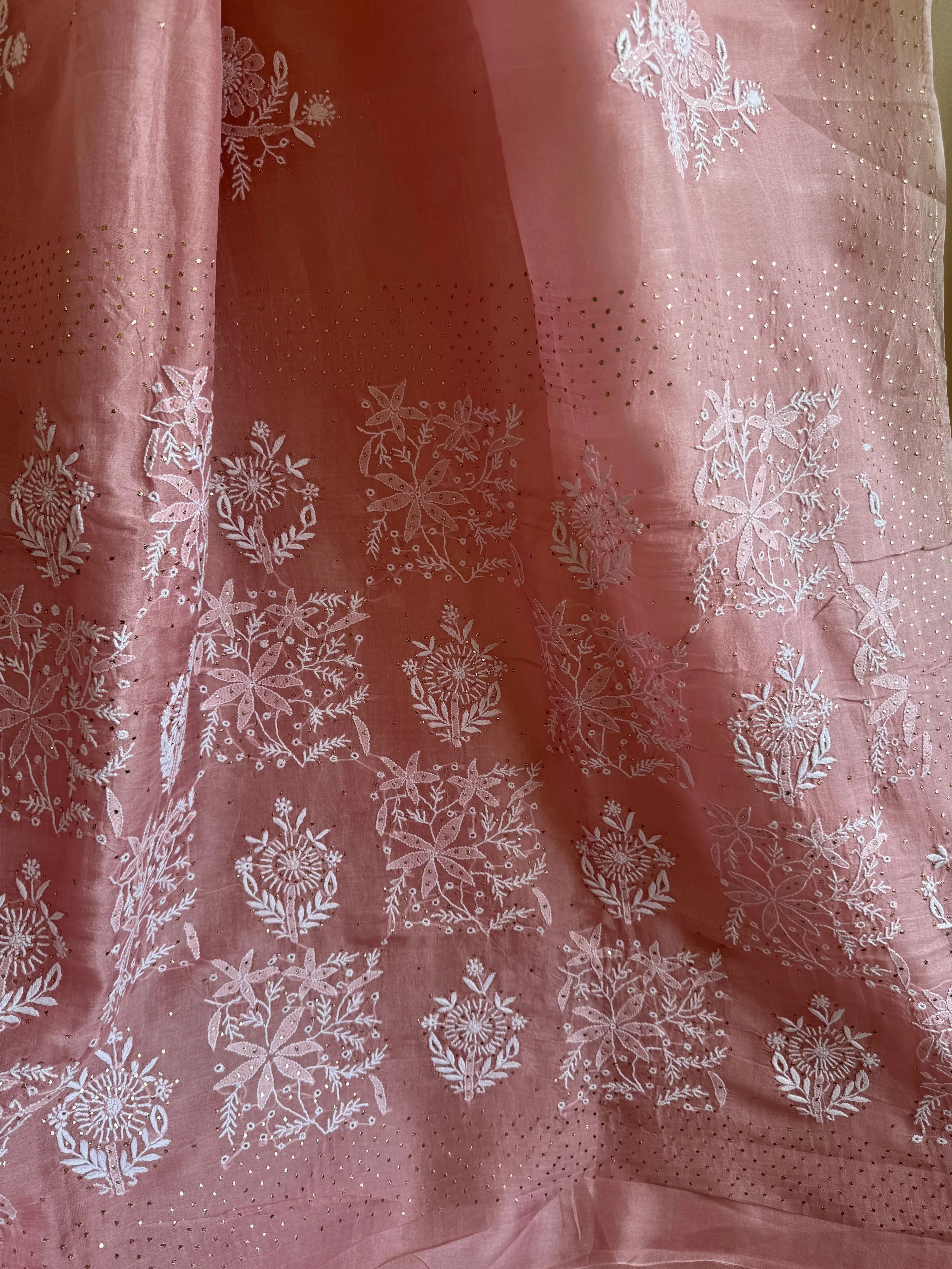 Pure organza Chikankari saree in Rosewood with Mukaish work ARIAA CHIKANKARI