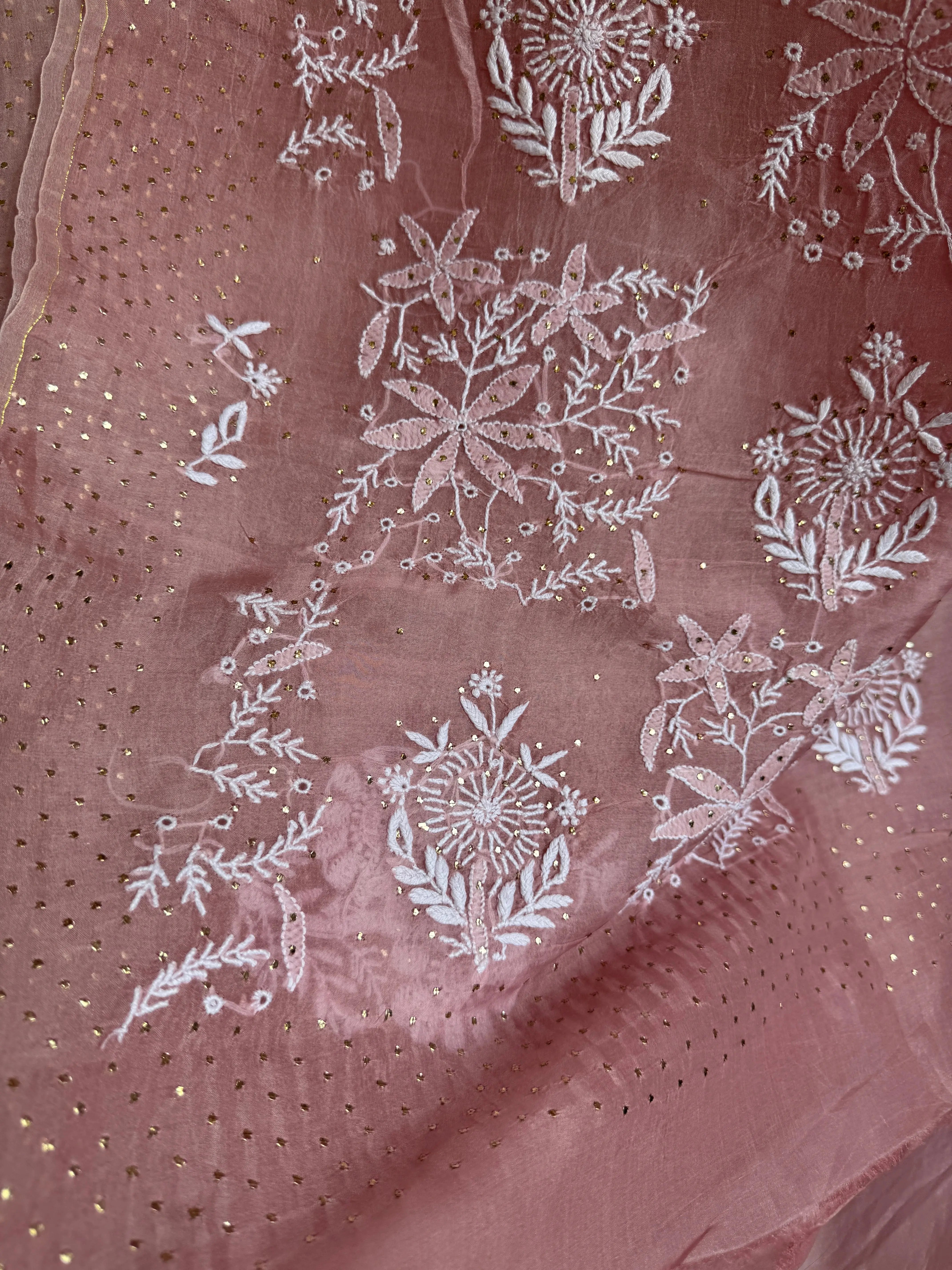 Pure organza Chikankari saree in Rosewood with Mukaish work ARIAA CHIKANKARI