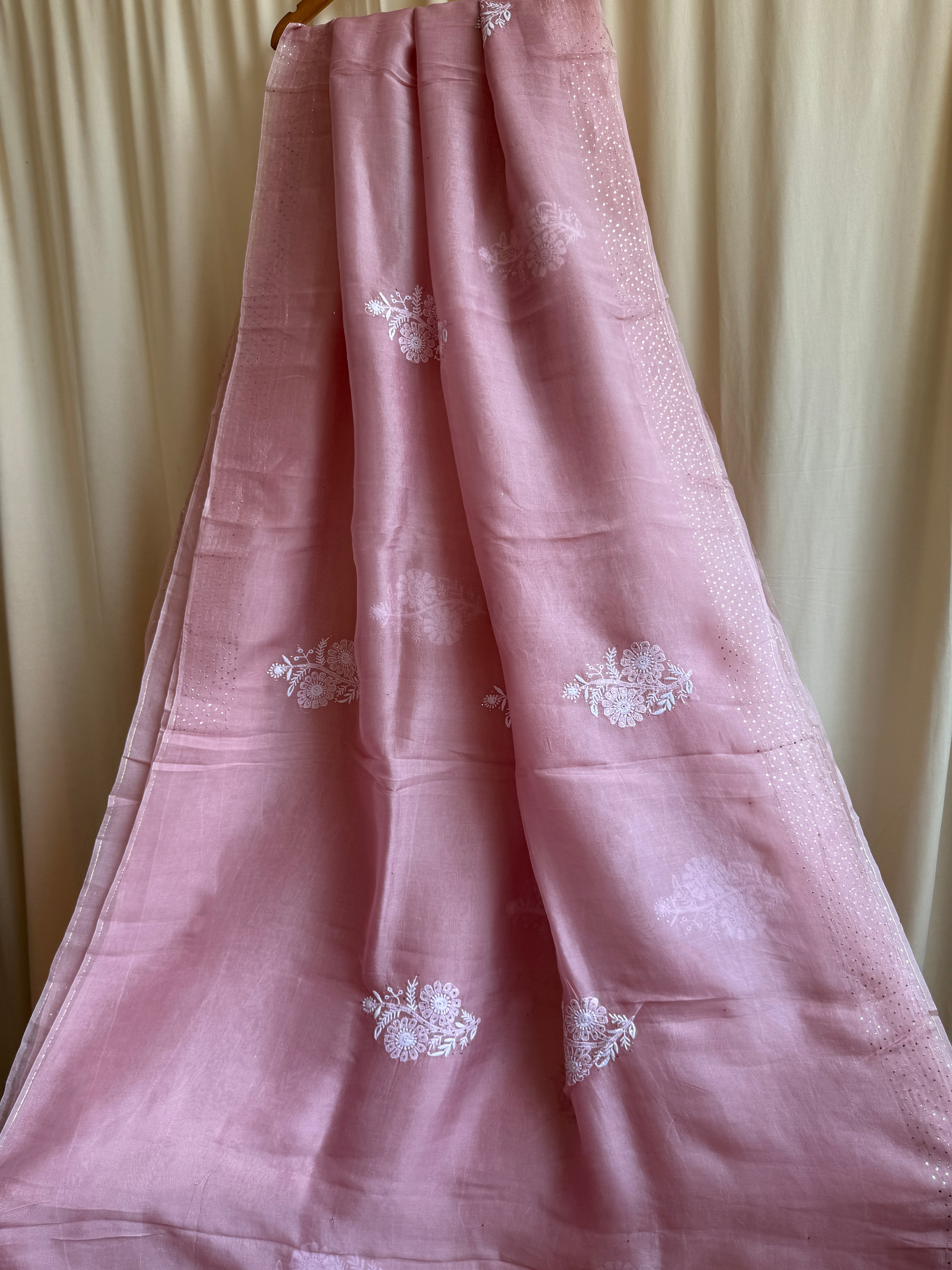 Pure organza Chikankari saree in Rosewood with Mukaish work