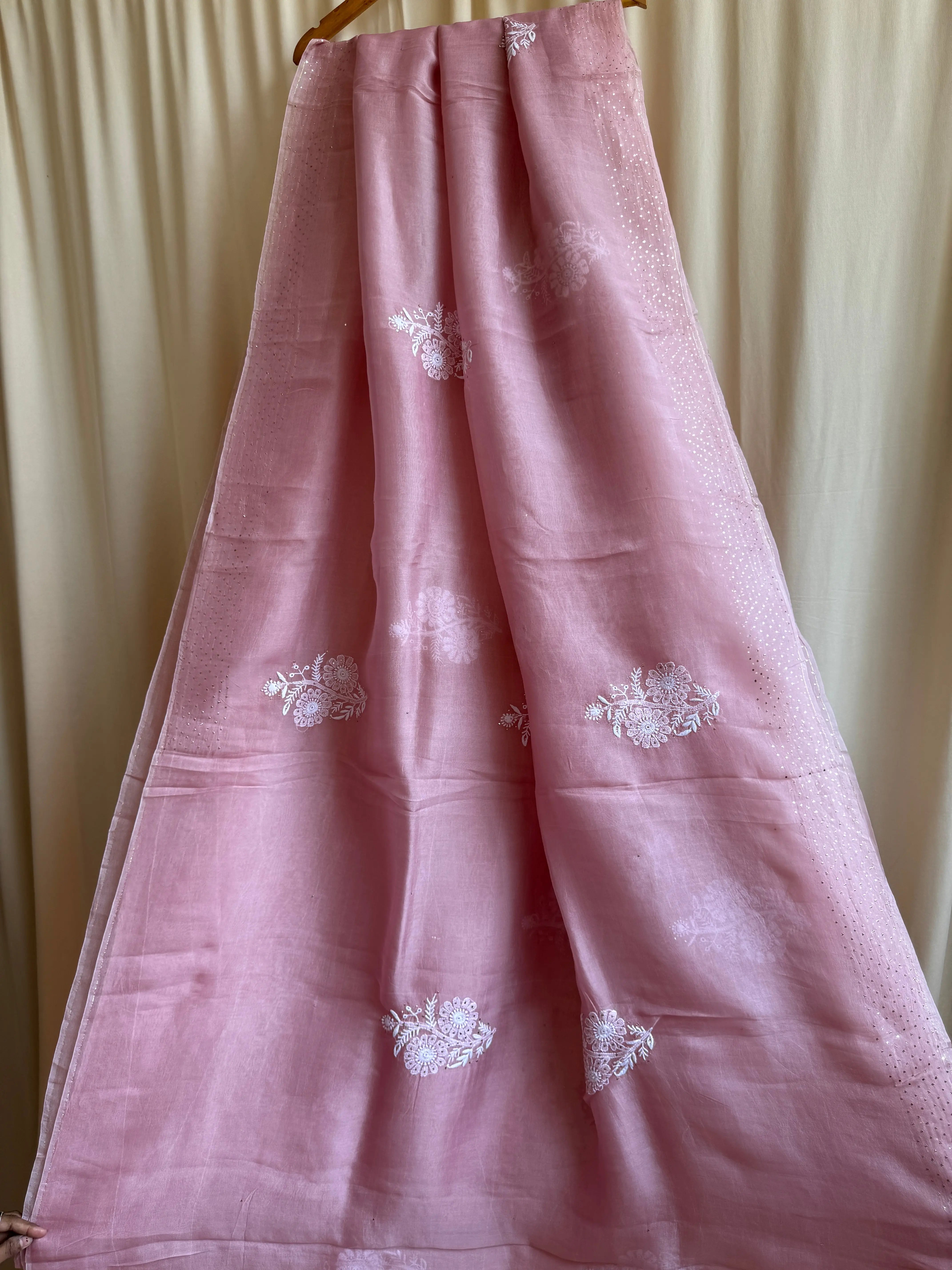 Pure organza Chikankari saree in Rosewood with Mukaish work ARIAA CHIKANKARI