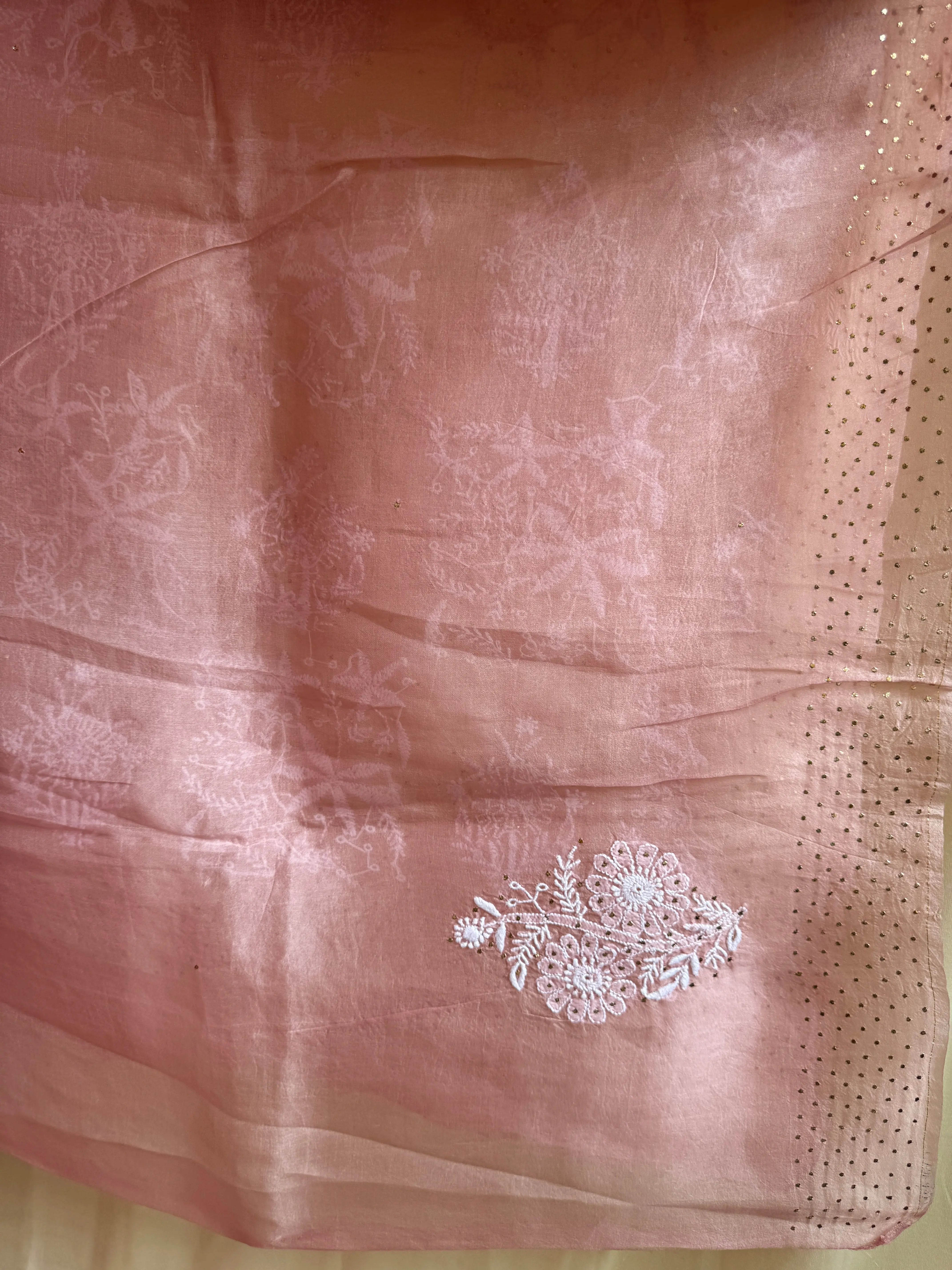 Pure organza Chikankari saree in Rosewood with Mukaish work ARIAA CHIKANKARI