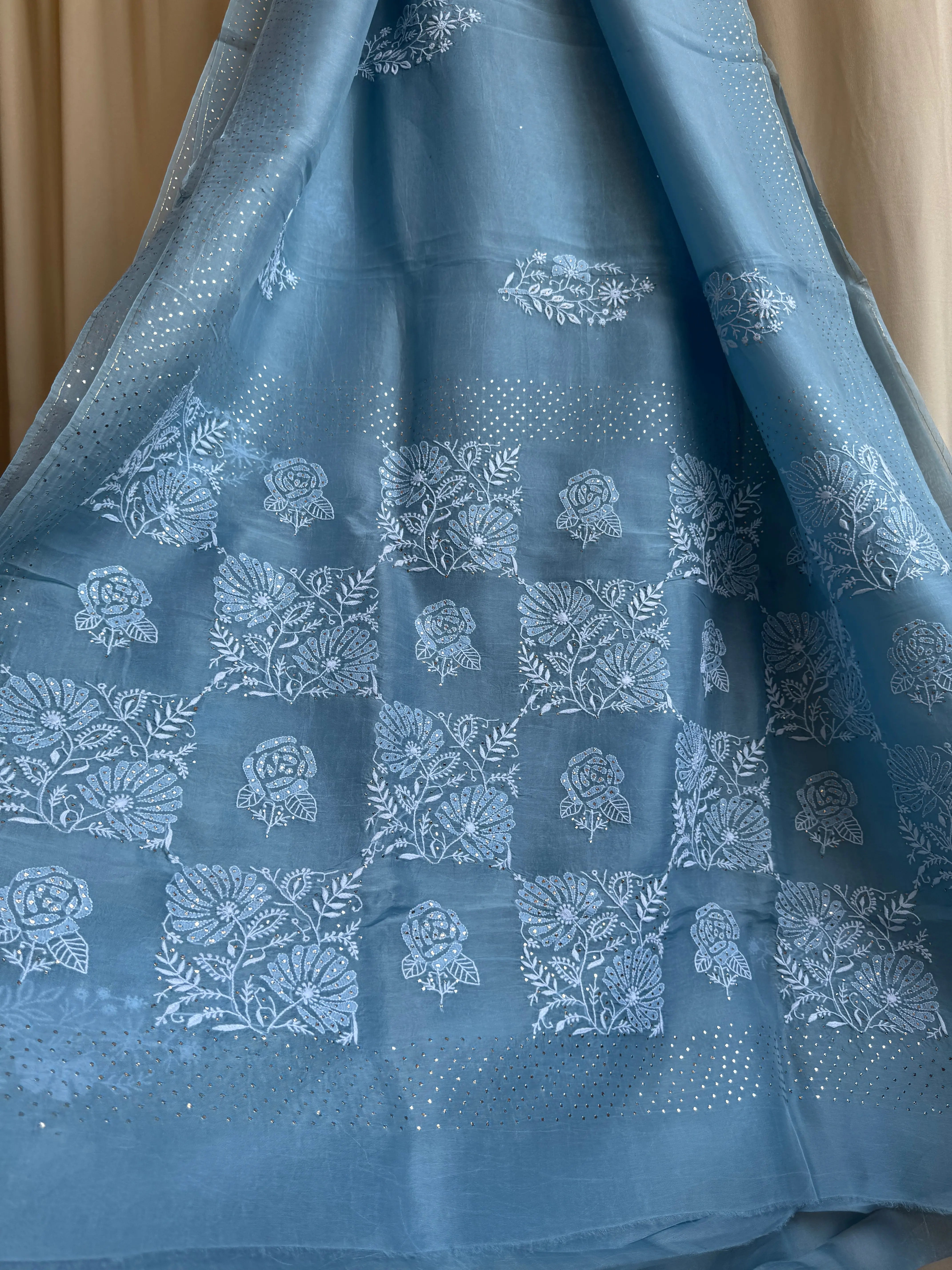 Pure organza Chikankari saree in Blue with Mukaish work ARIAA CHIKANKARI
