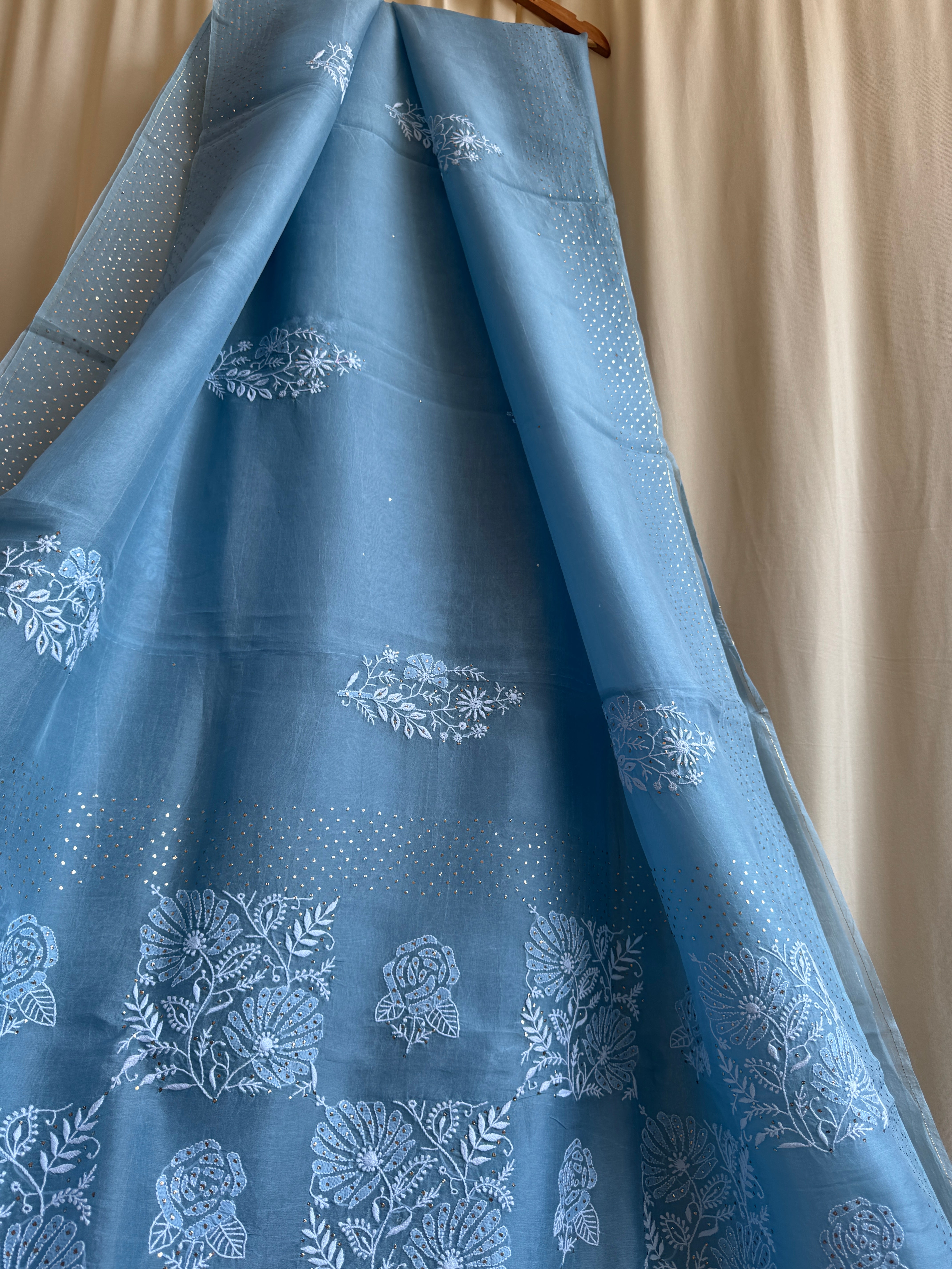 Pure organza Chikankari saree in Blue with Mukaish work