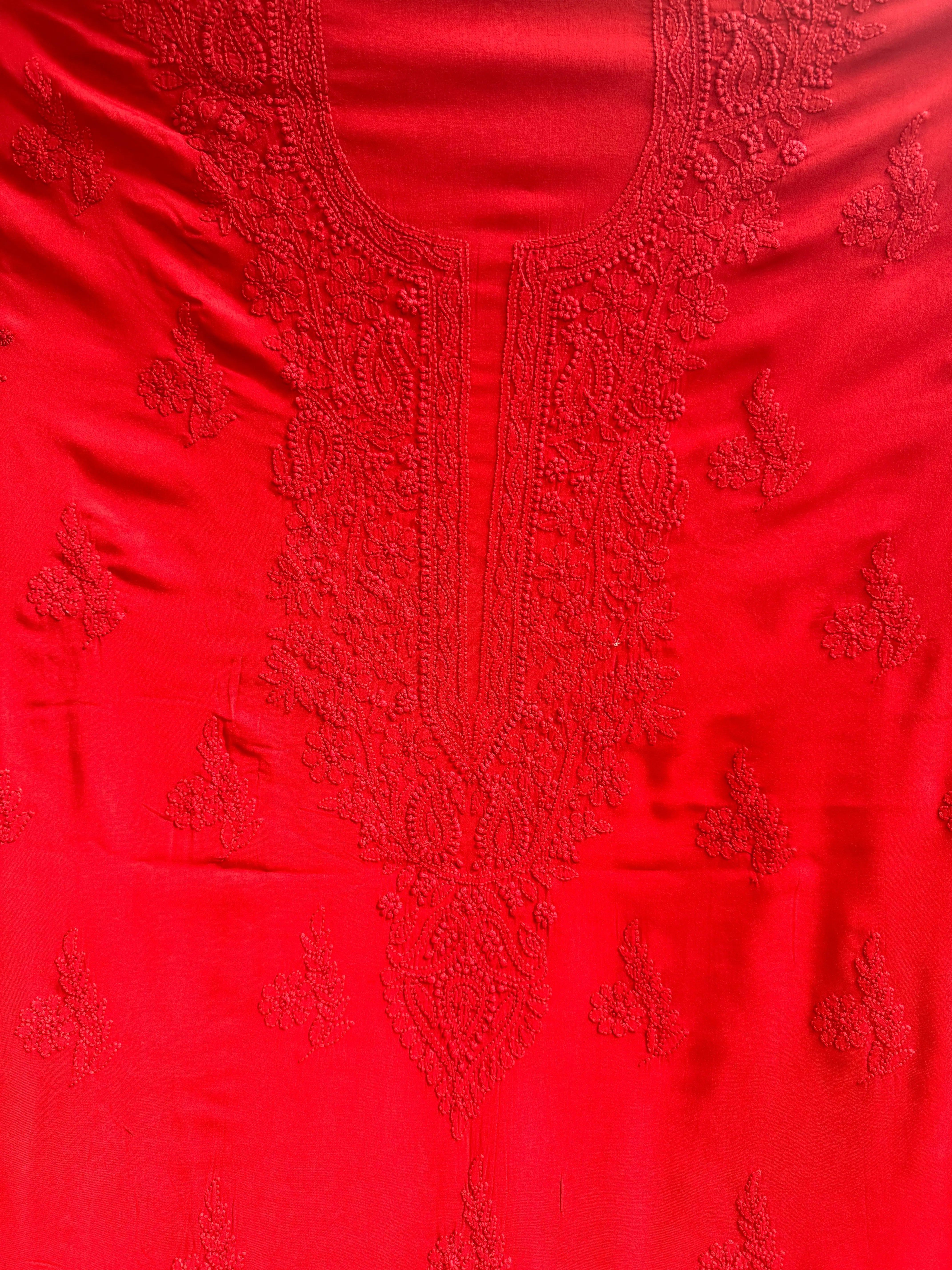 Modal Unstitched Kurti Fabric - Red ARIAA CHIKANKARI