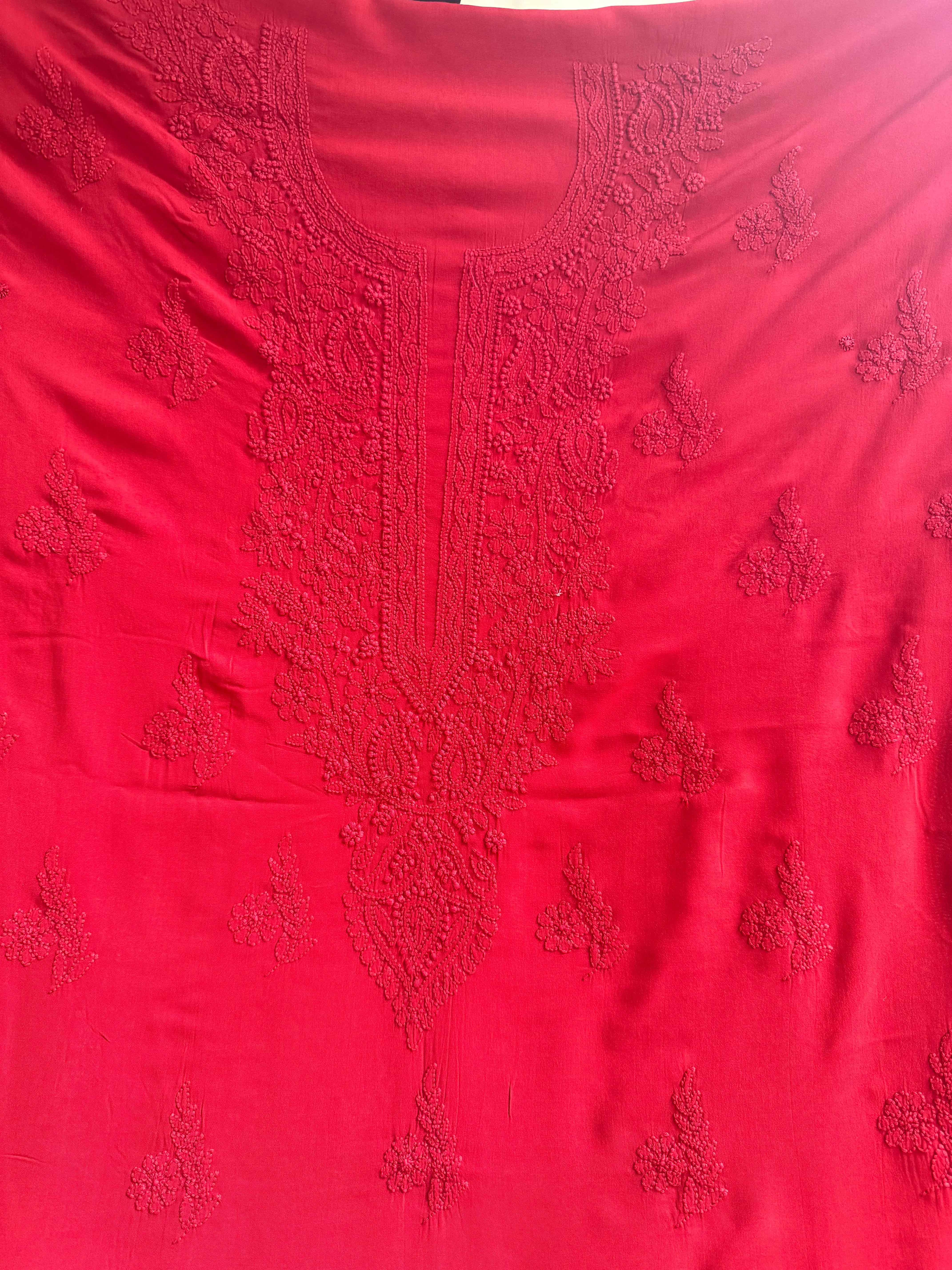 Modal Unstitched Kurti Fabric - Red ARIAA CHIKANKARI