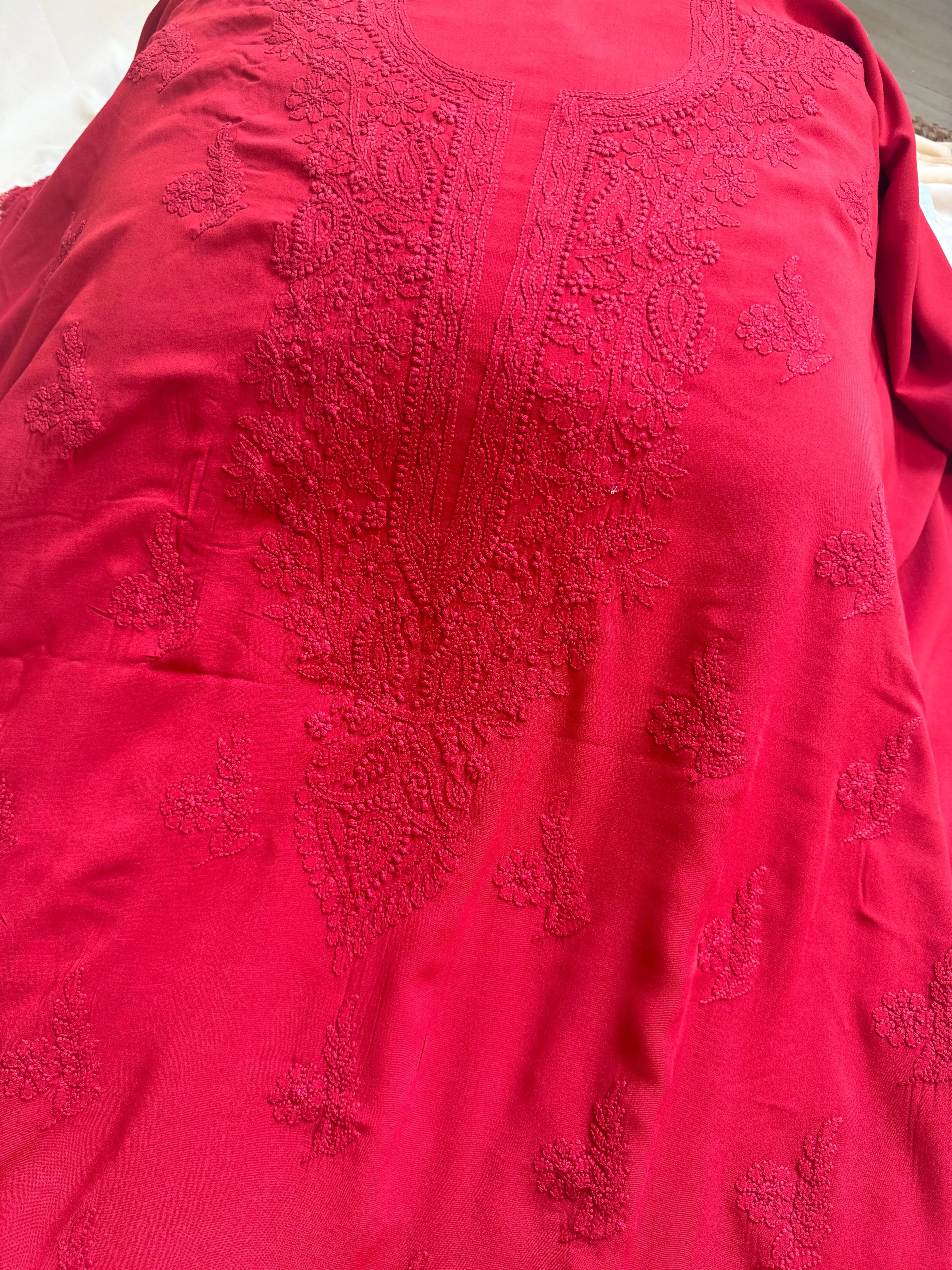 Modal Unstitched Kurti Fabric - Red ARIAA CHIKANKARI