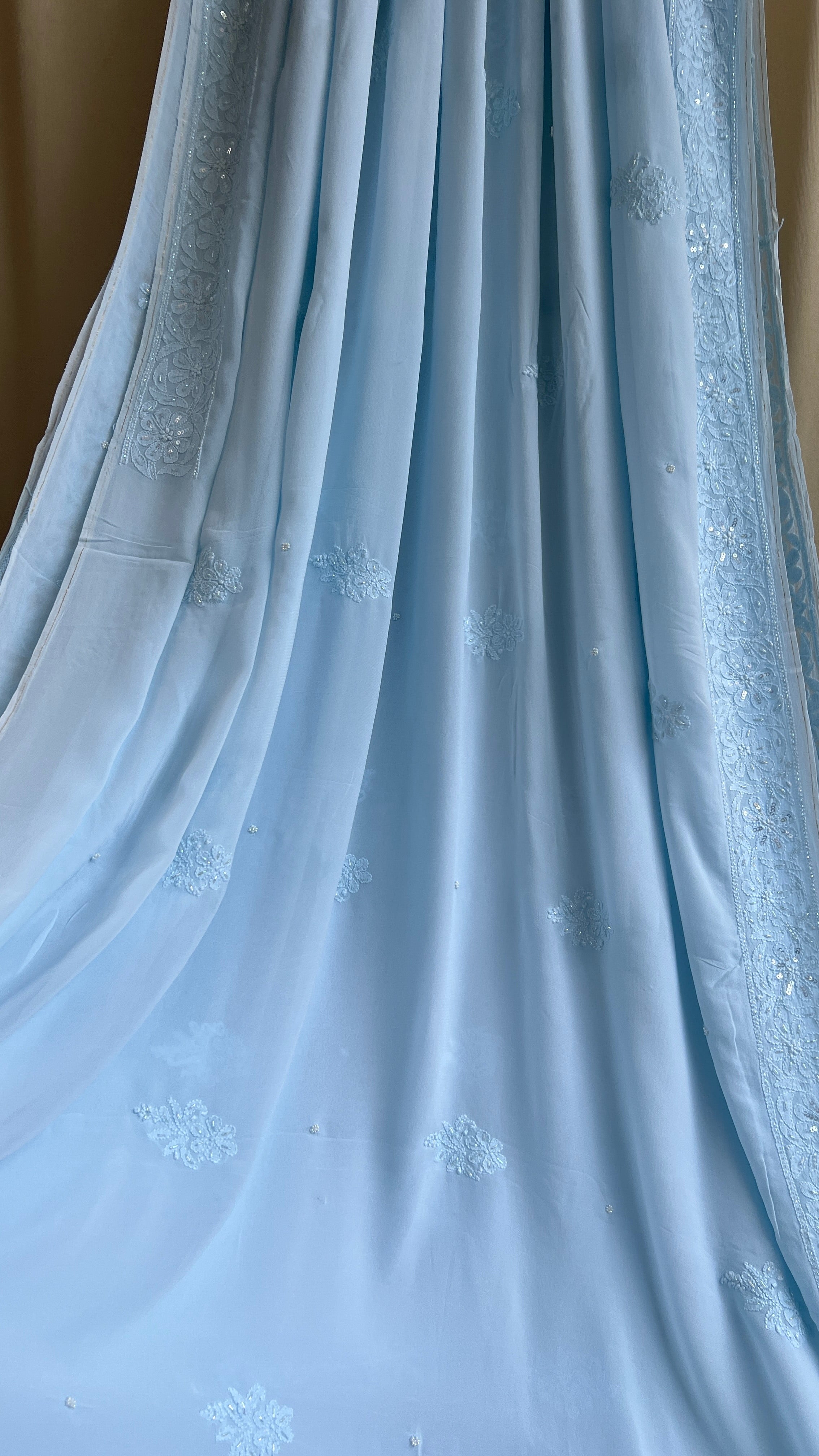 Viscose Chikankari saree with Pearl embellishments - Blue