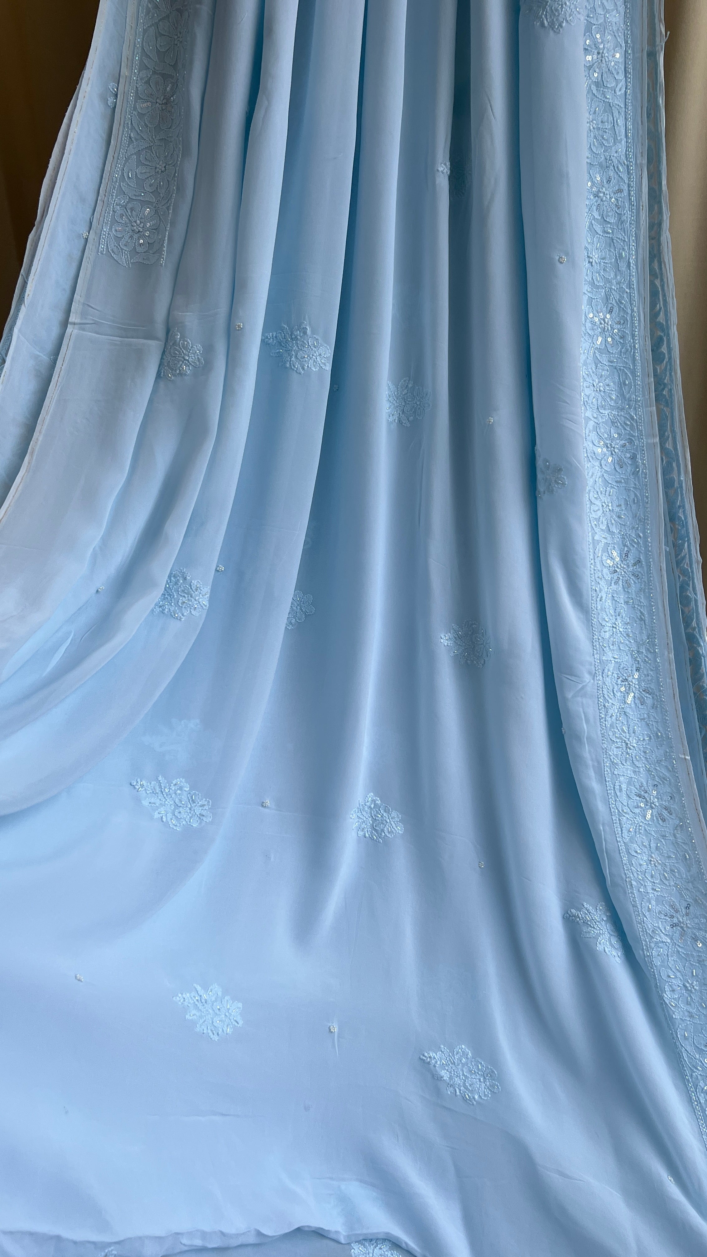 Viscose Chikankari saree with Pearl embellishments - Blue