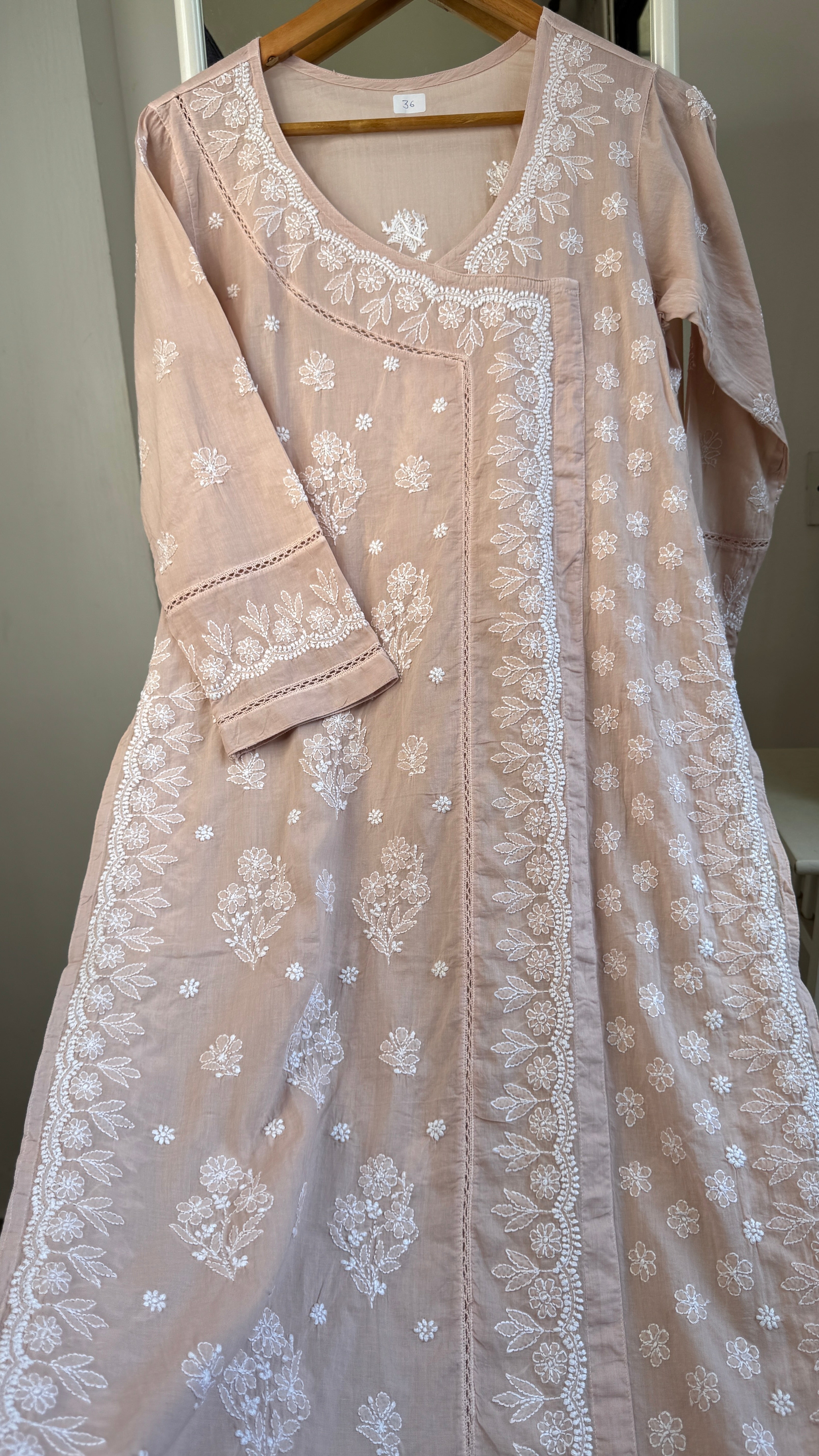 Mul Cotton Light Brown Chikankari Kurti - Saaz Collection