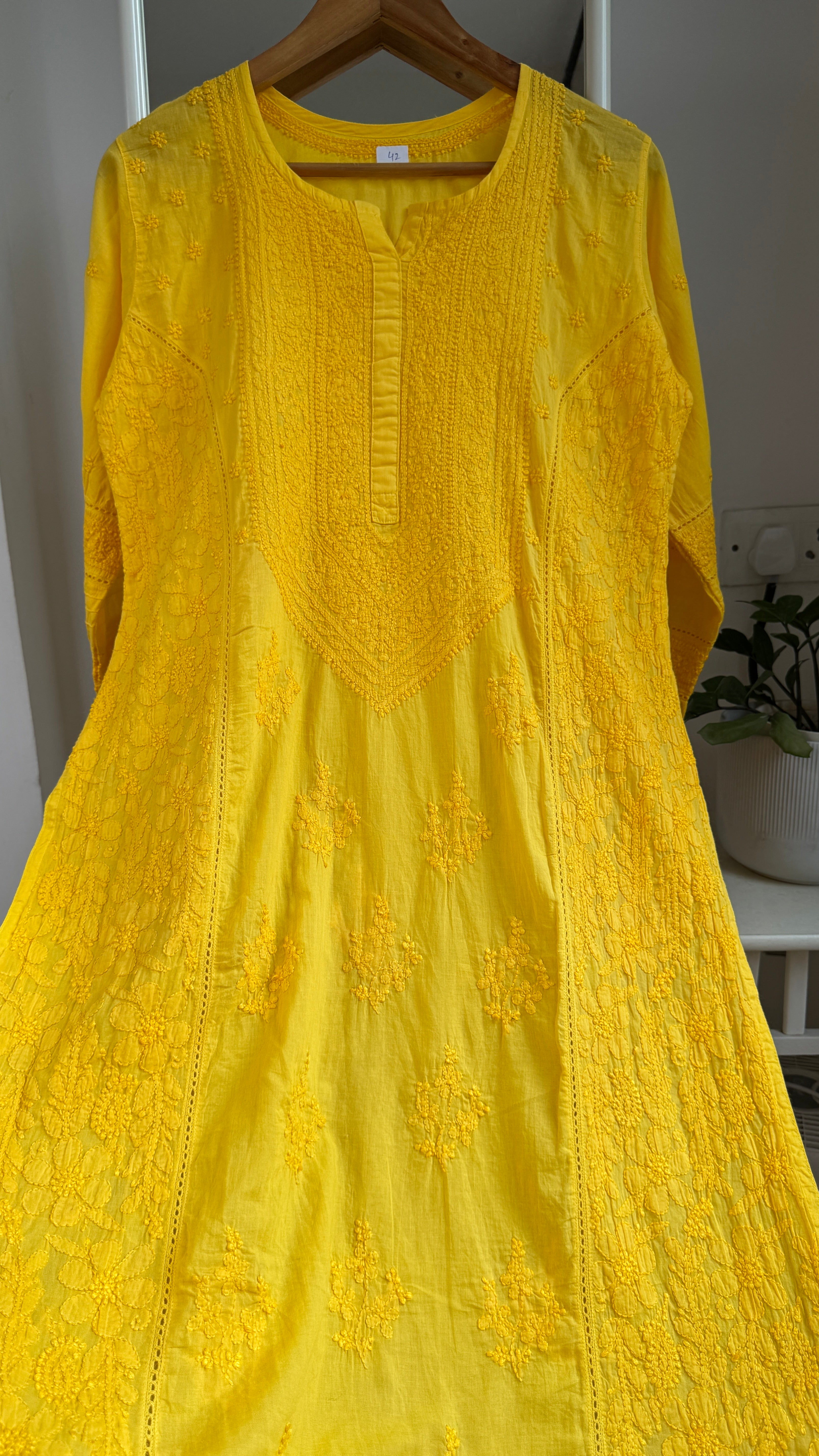 Mul Cotton Chikankari Kurti - Yellow - Fiza Collection