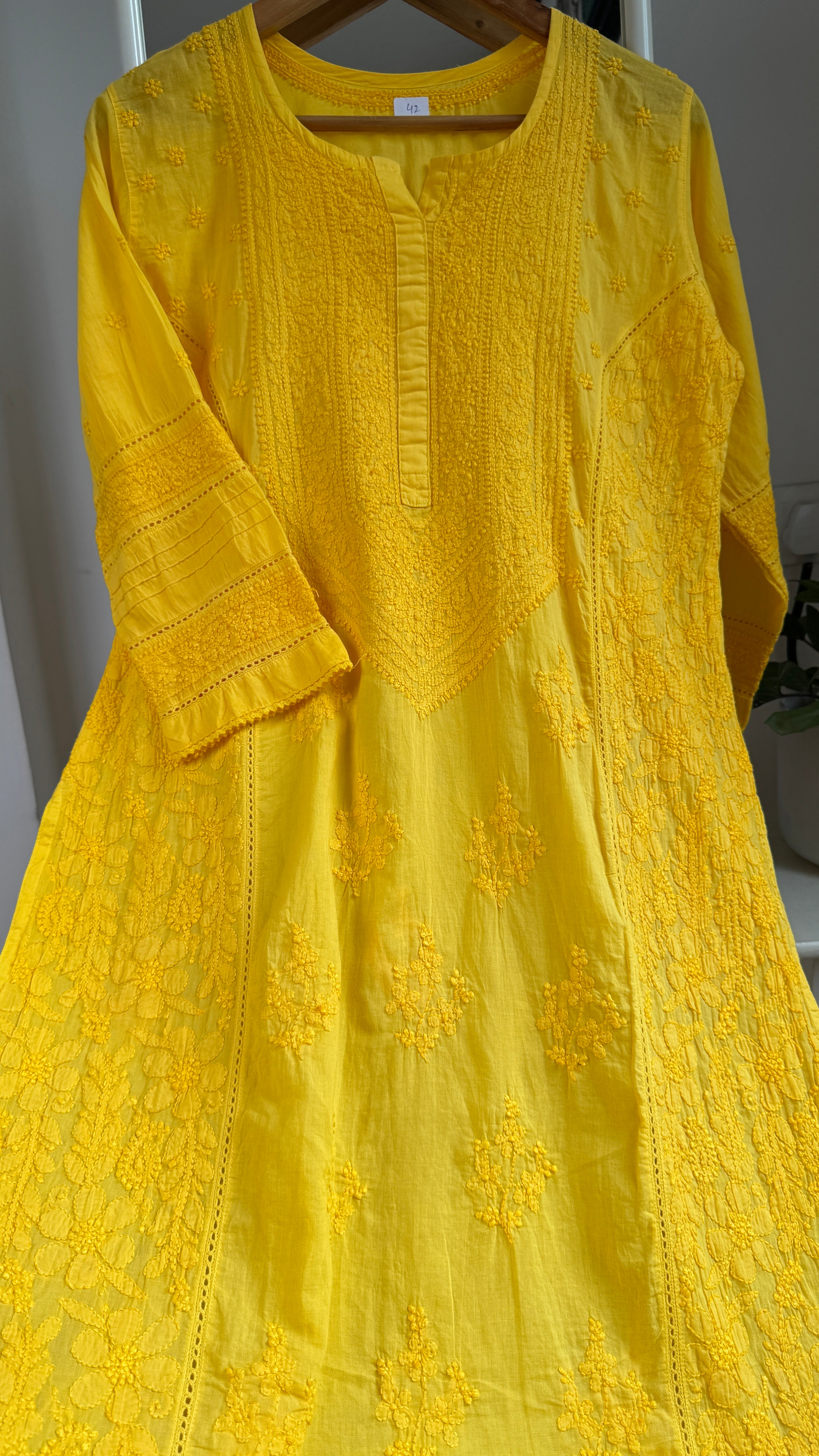 Mul Cotton Chikankari Kurti - Yellow - Fiza Collection