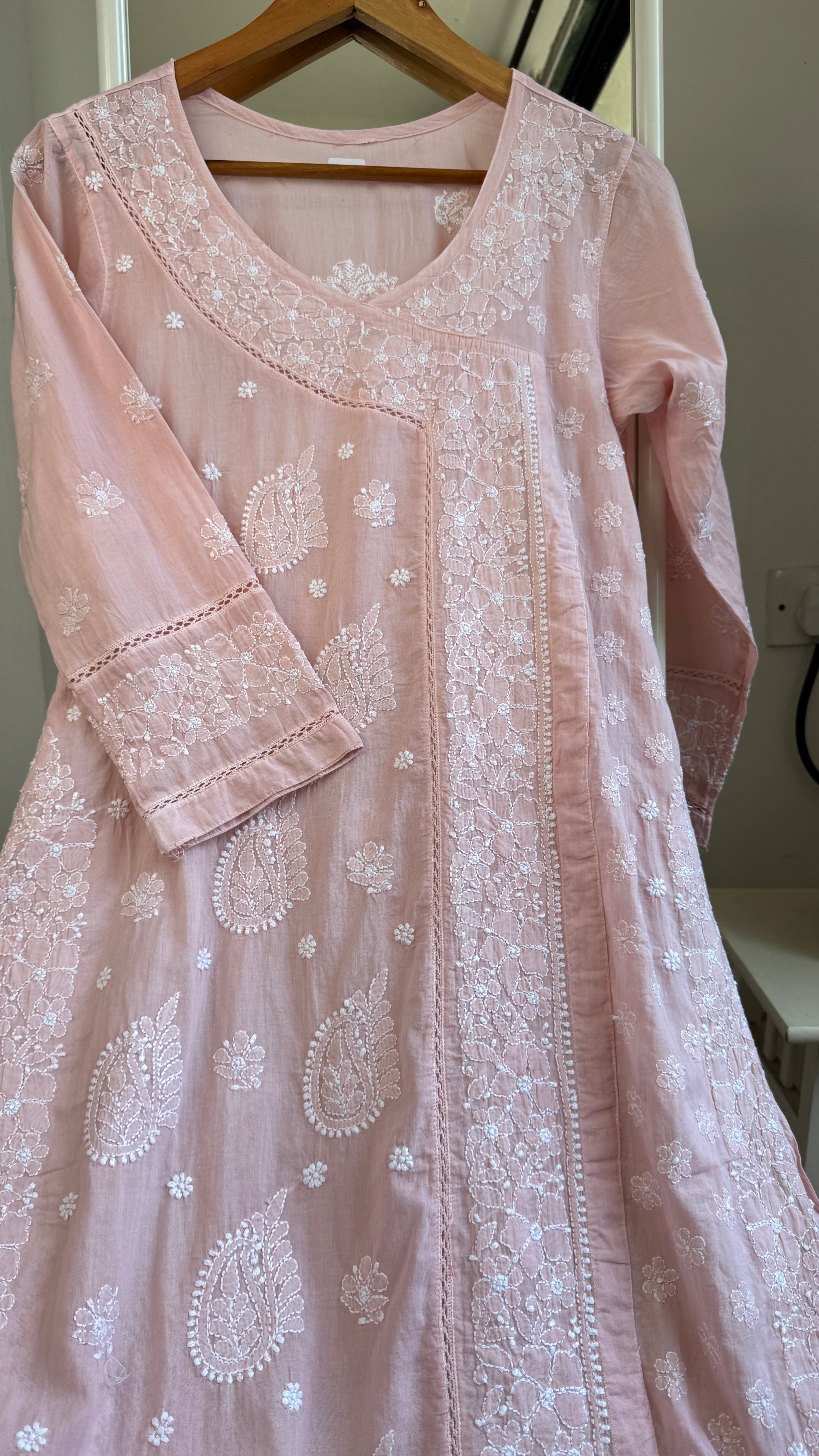 Mul Cotton Pale Pink Chikankari Kurti - Saaz Collection