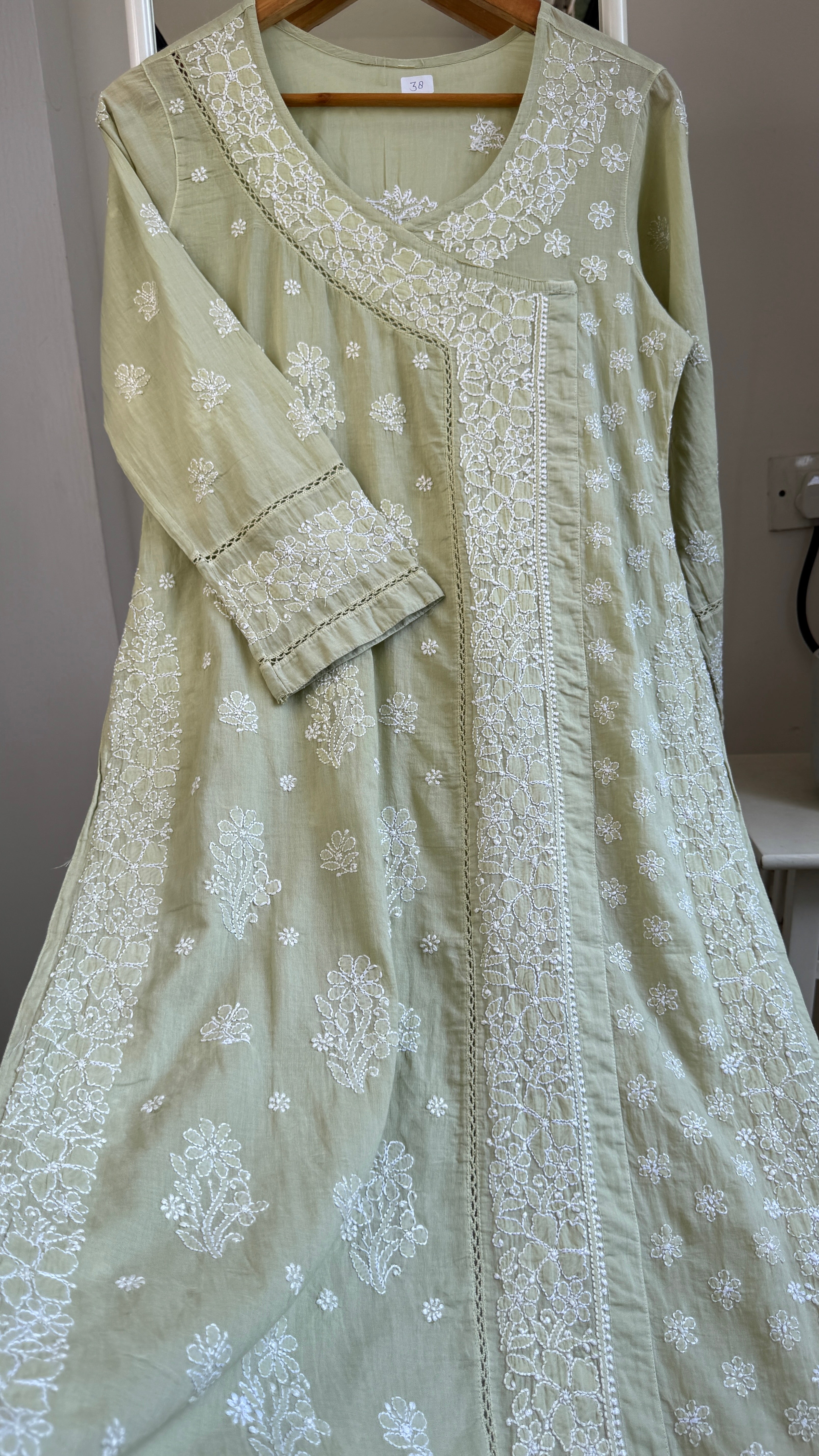 Mul Cotton Sheen Green Chikankari Kurti - Saaz Collection