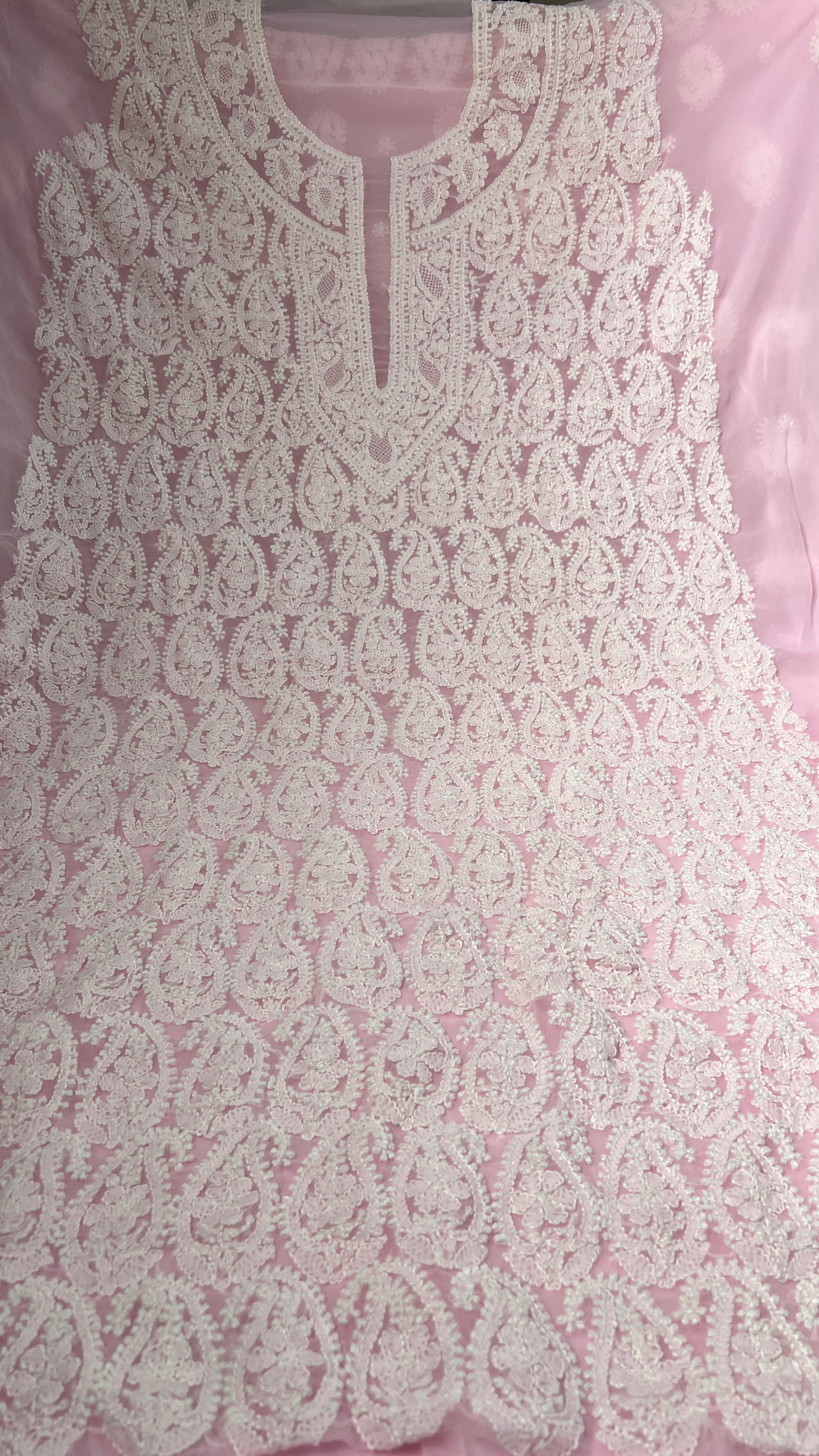 Handcrafted Lucknowi Semi Georgette Unstitched 3-Piece Chikankari Suit Set - Full Jaal - ARIAA CHIKANKARI