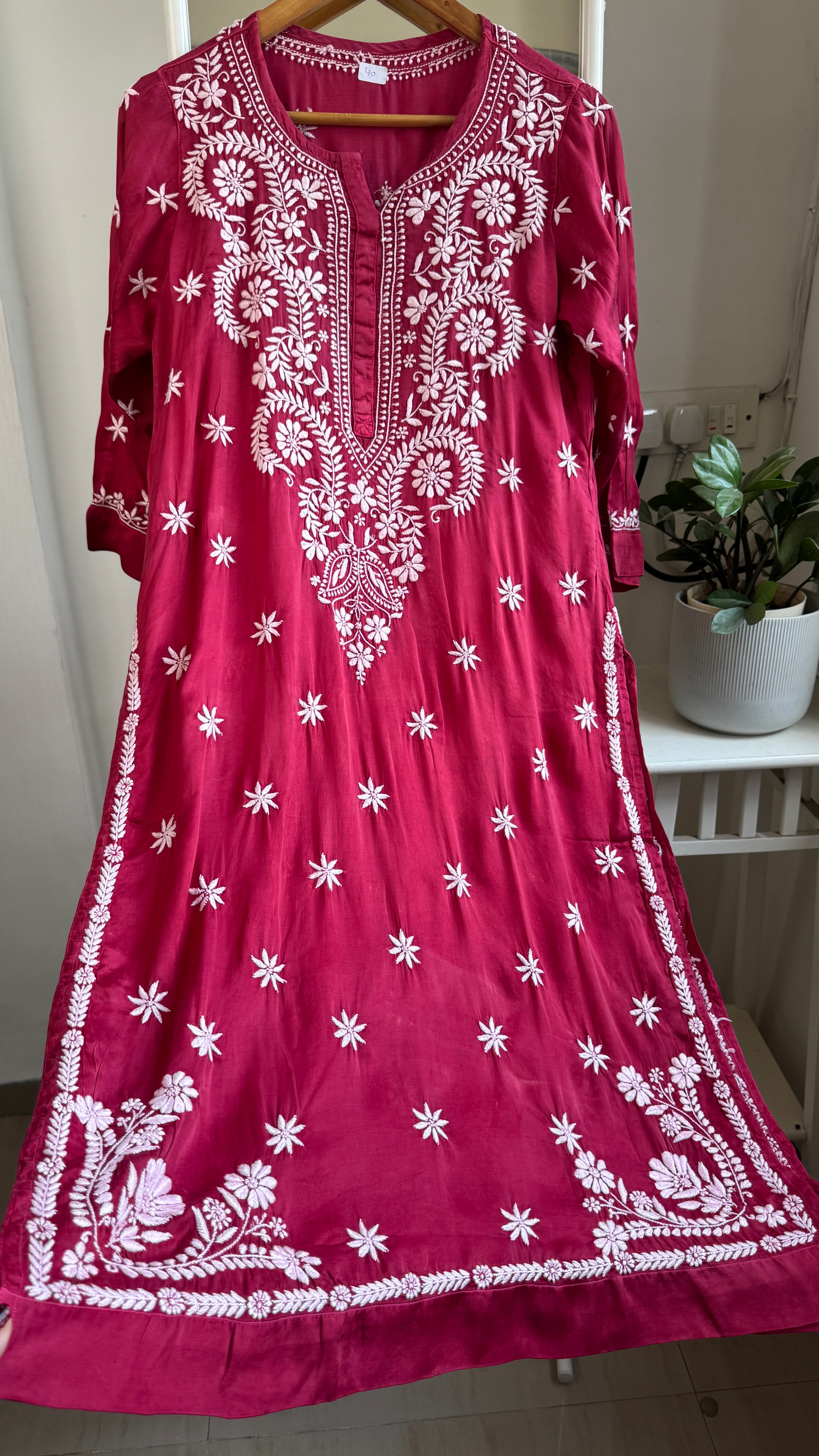 Modal Satin Silk Chikankari Pant Set - Berry Pink