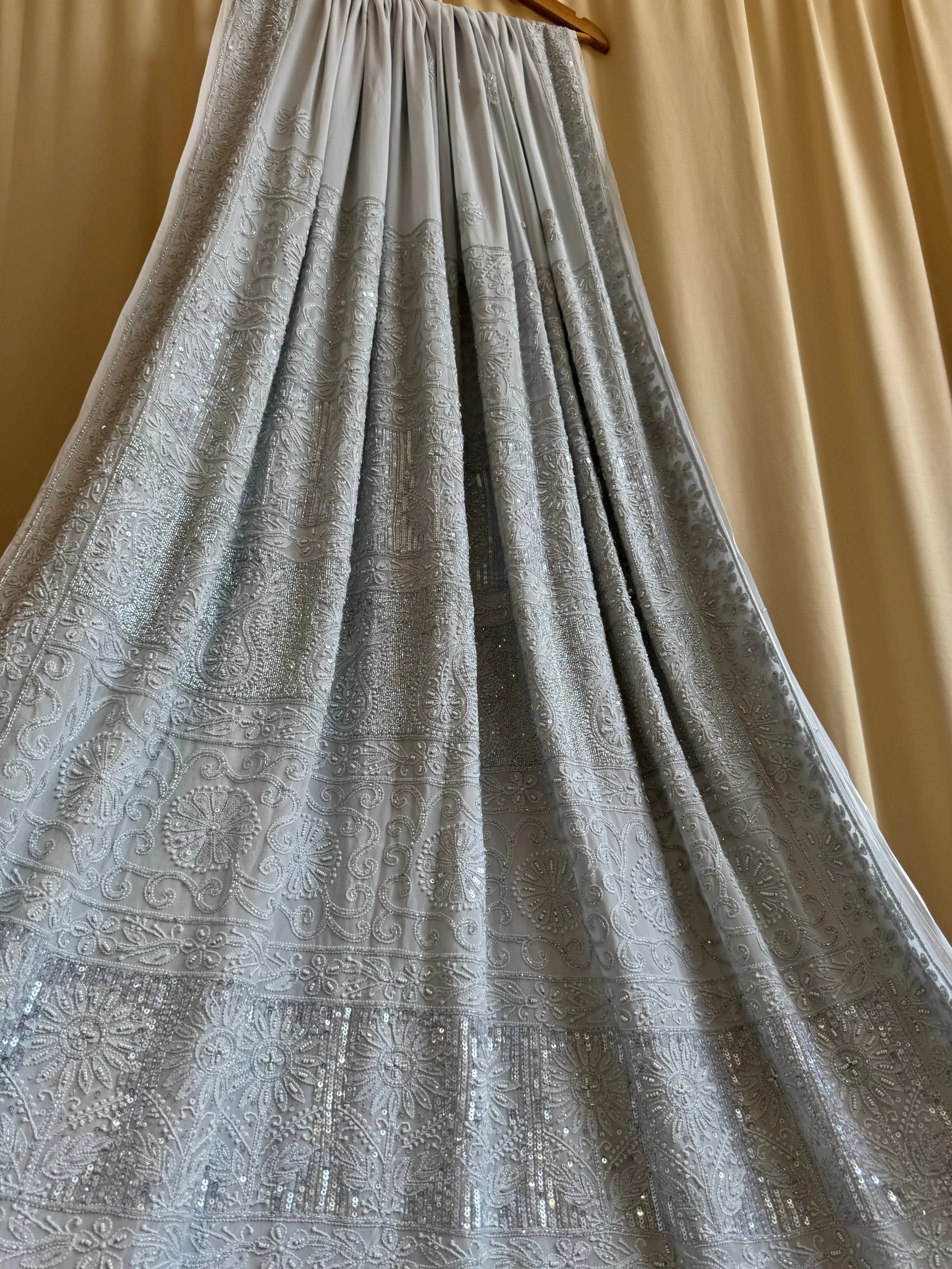 Viscose Light cool grey Chikankari saree with Pearl embellishments ARIAA CHIKANKARI