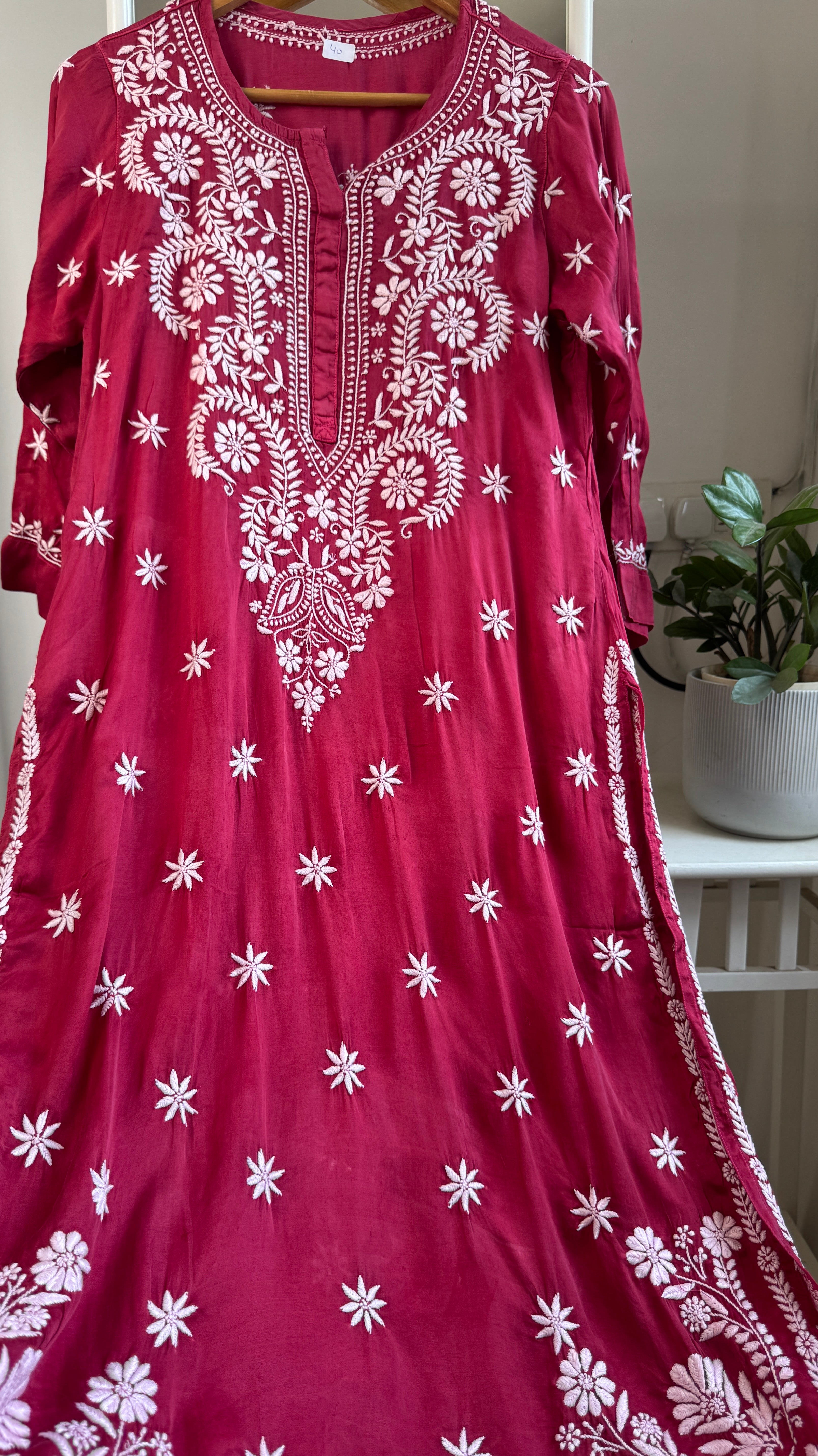 Modal Satin Silk Chikankari Pant Set - Berry Pink