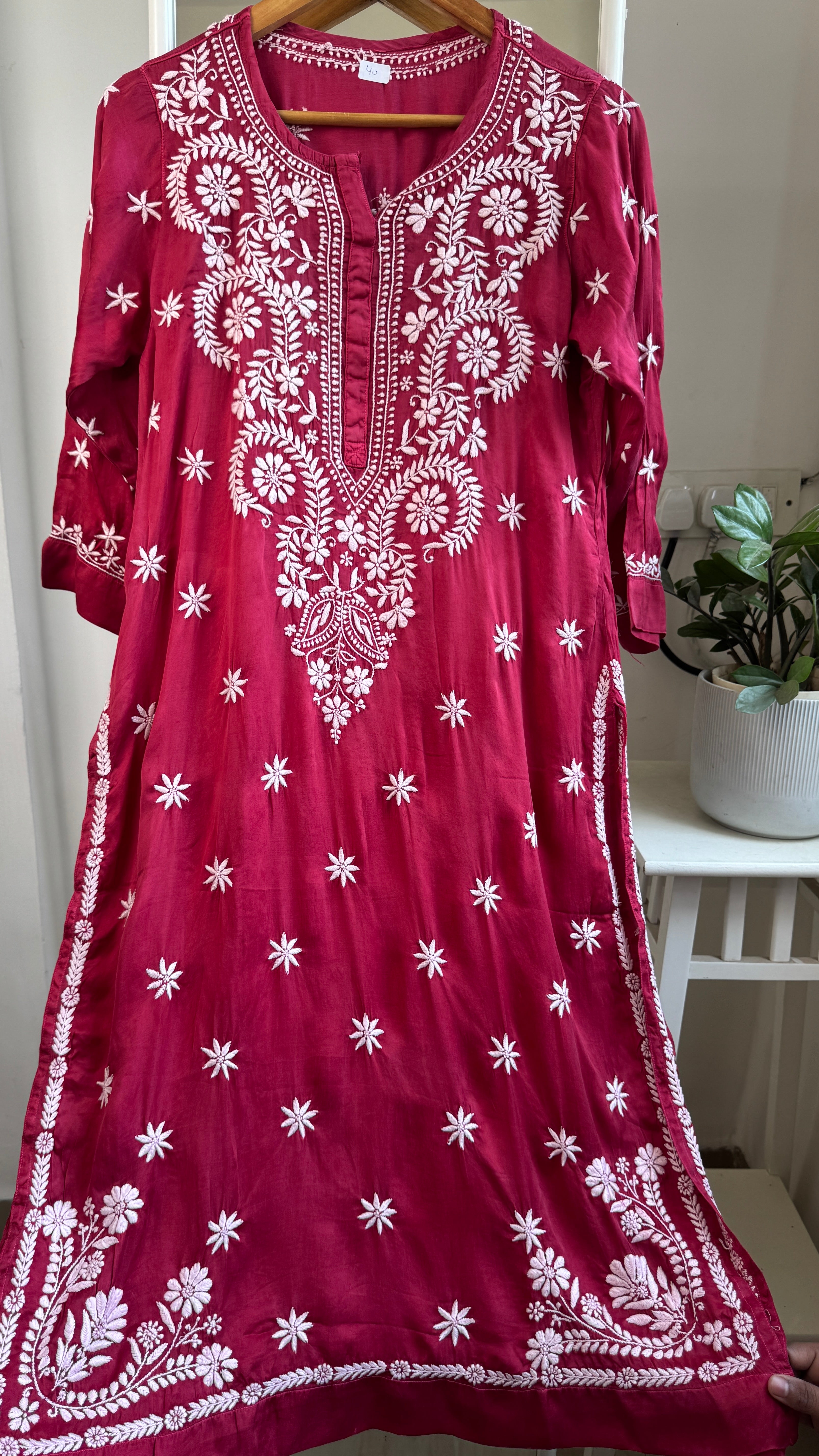 Modal Satin Silk Chikankari Pant Set - Berry Pink