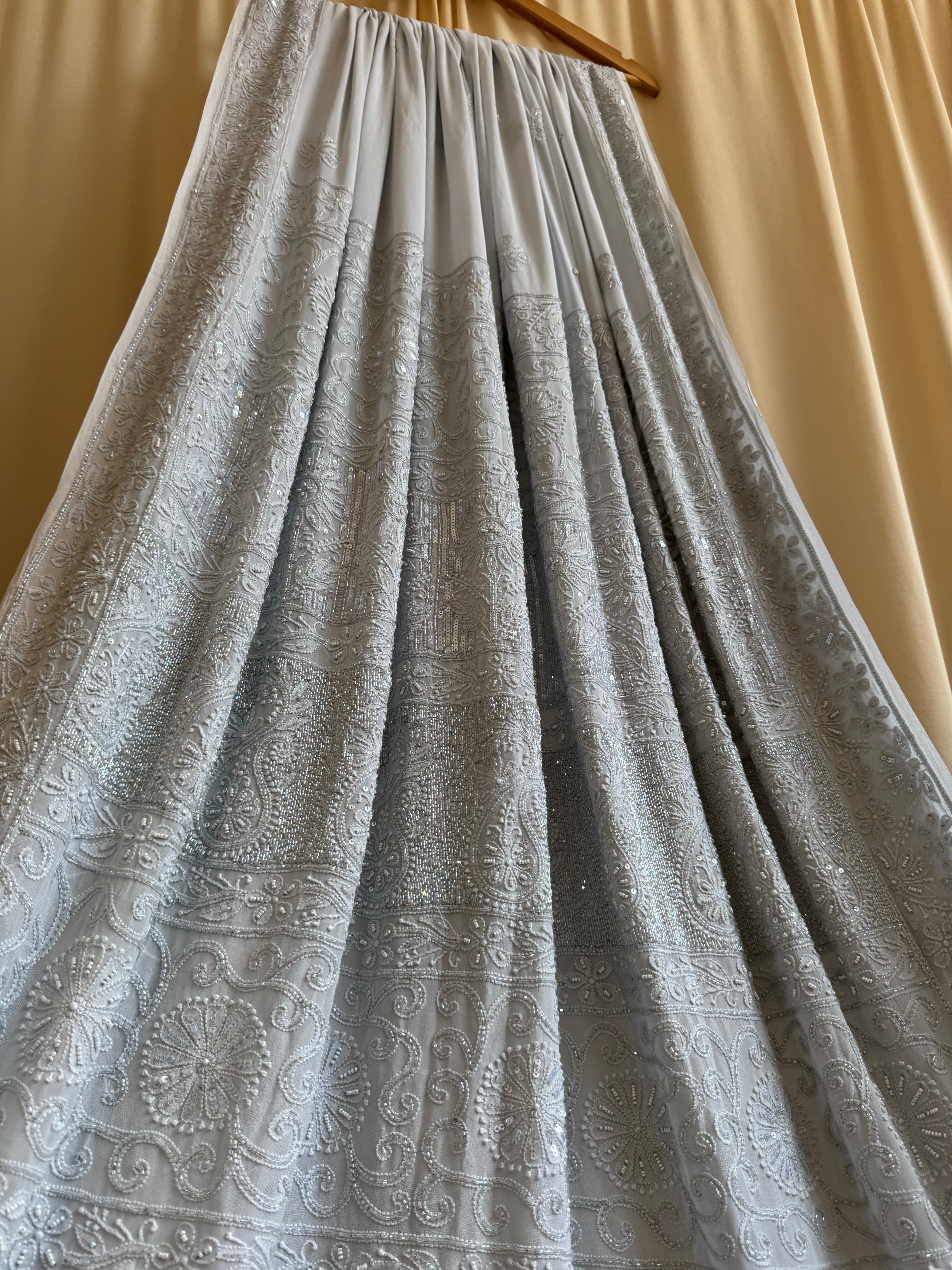 Viscose Light cool grey Chikankari saree with Pearl embellishments
