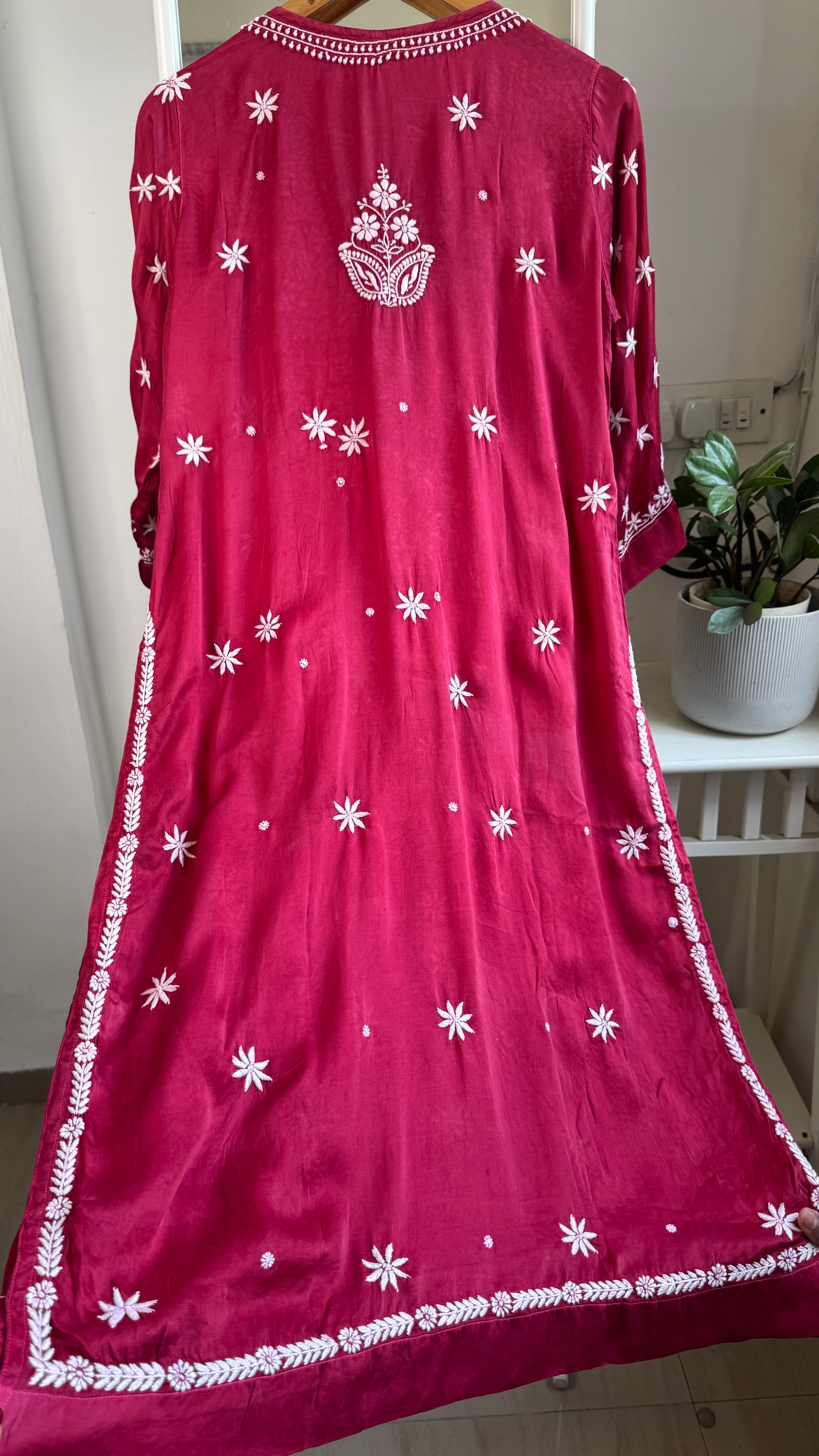 Modal Satin Silk Chikankari Pant Set - Berry Pink