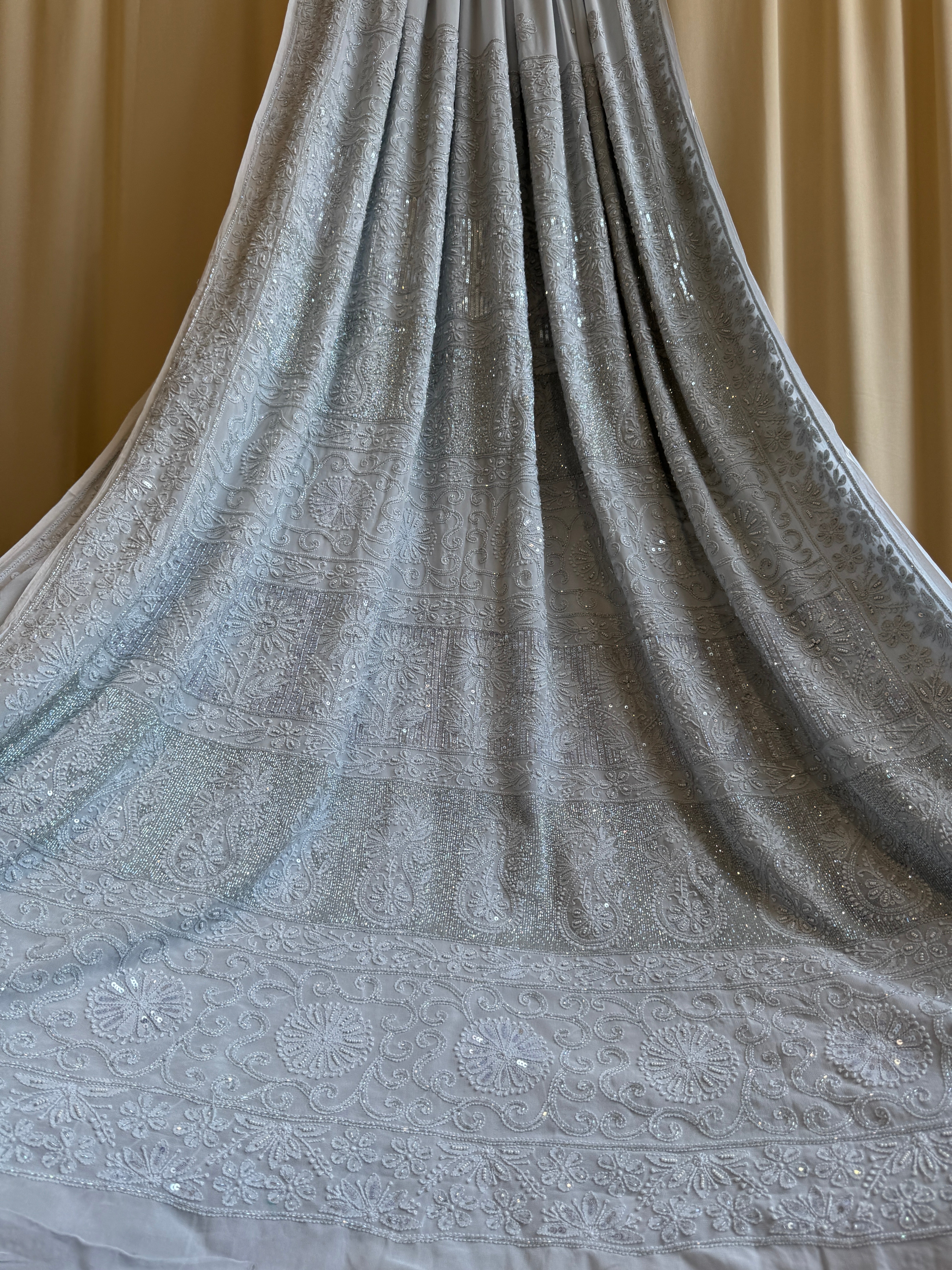 Viscose Light cool grey Chikankari saree with Pearl embellishments